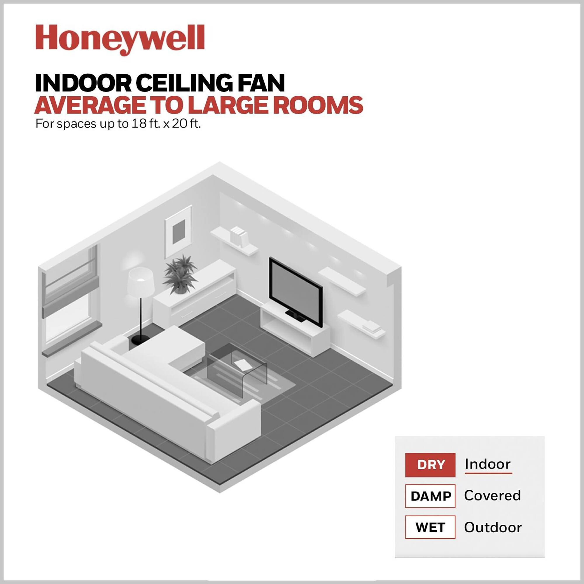 Honeywell INDOOR CEILING FAN AVERAGE TO LARGE ROOMS  
For spaces up to 18 ft. x 20 ft.  
DRY Indoor  
DAMP Covered  
WET Outdoor