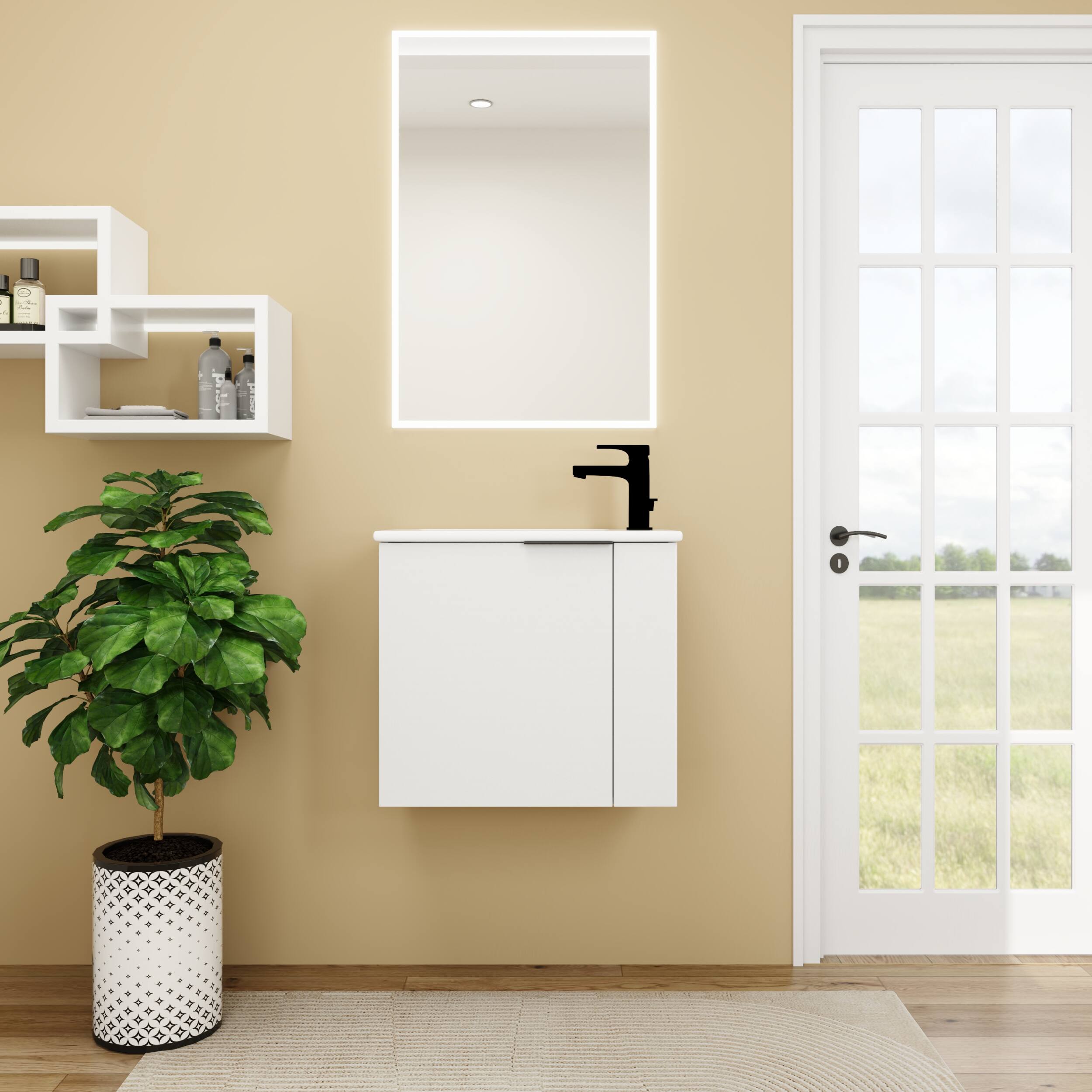 Front. ELEMENT ACE - Compact Floating Bathroom Vanity with Ceramic Sink and Soft Close Doors Perfect for Small Spaces - White.
