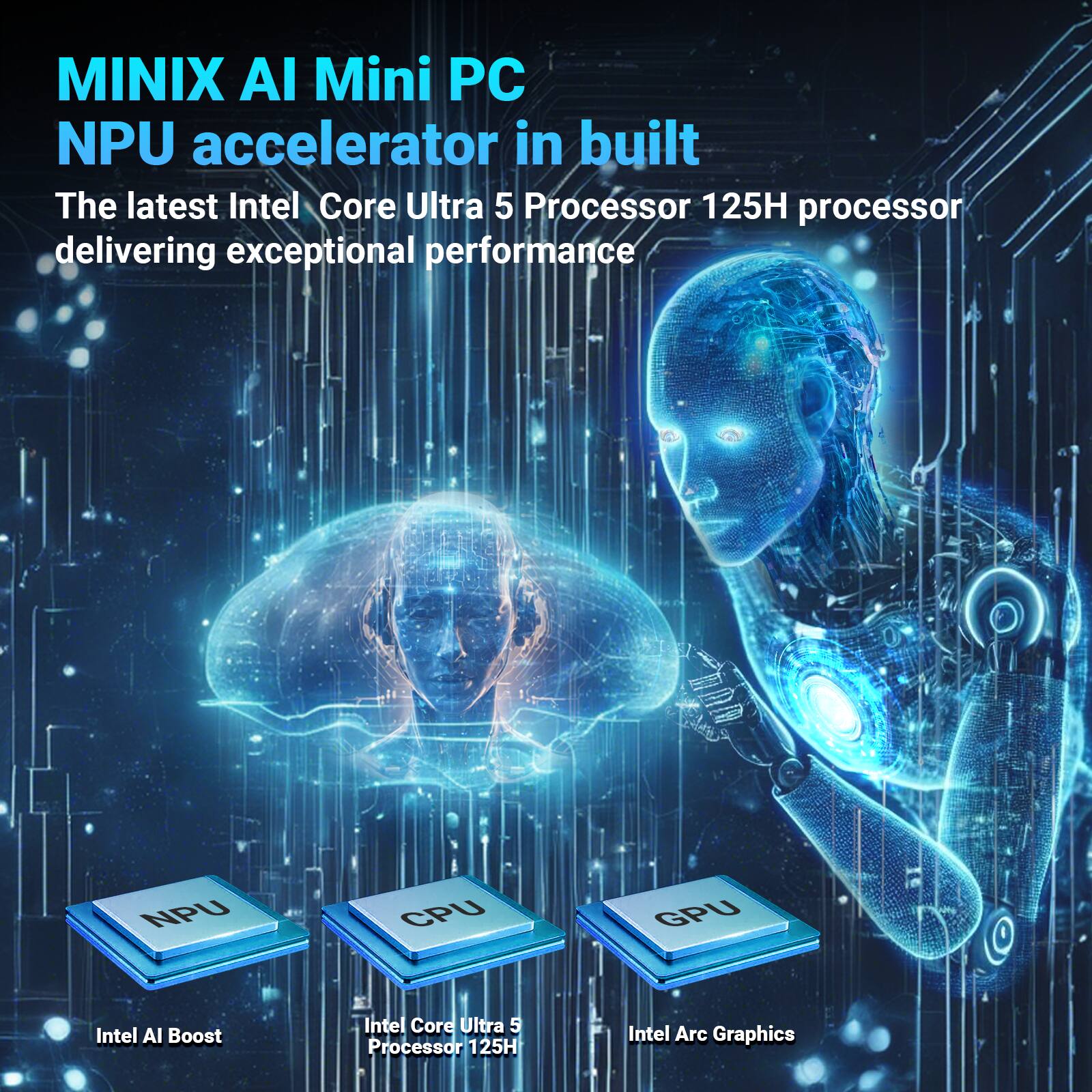 MINIX AI Mini PC NPU accelerator in built. The latest Intel Core Ultra 5 Processor 125H processor delivering exceptional performance. NPU CPU GPU Intel AI Boost Intel Core Ultra 5 Processor 125H Intel Arc Graphics.
