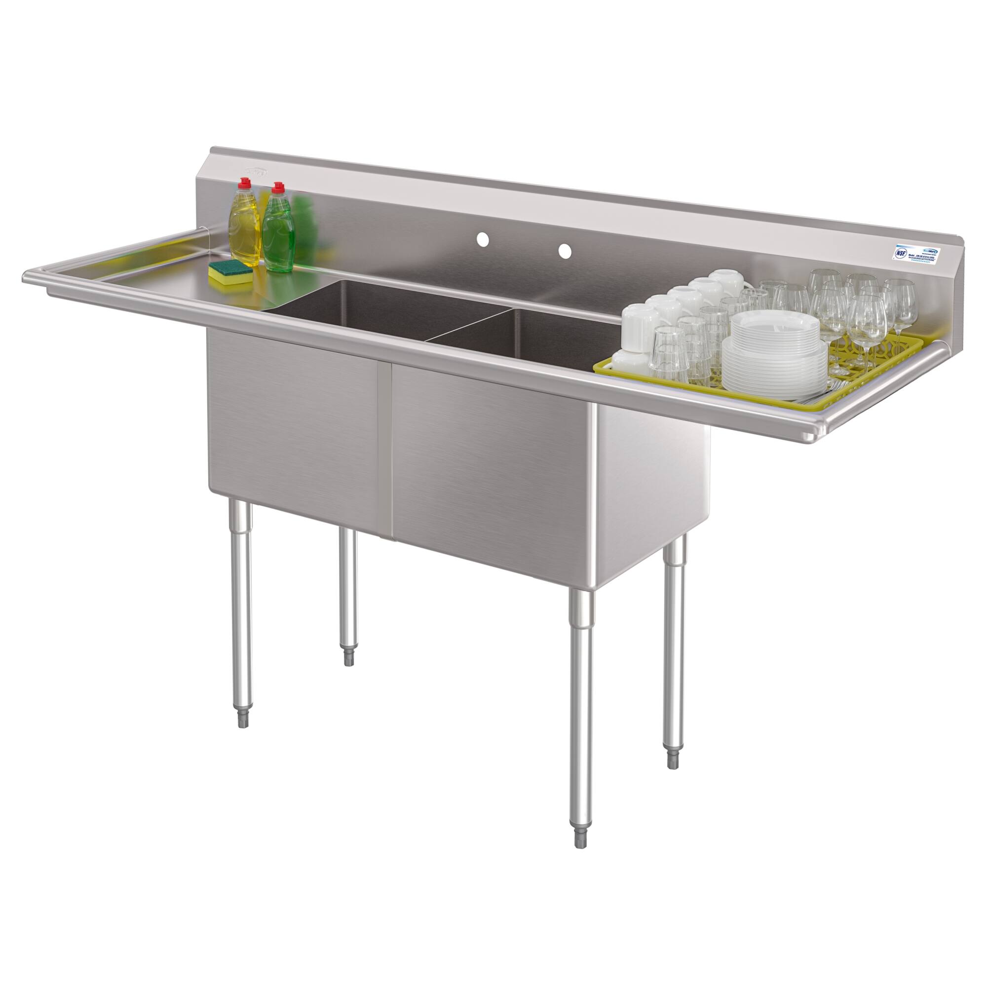 Angle. Koolmore - 72 in. 18-Gauge 2-Compartment  Sink with Backsplash and Dual 18 in. Drainboards, Bowl Dimensions 18"x18"x14" - Stainless Steel.