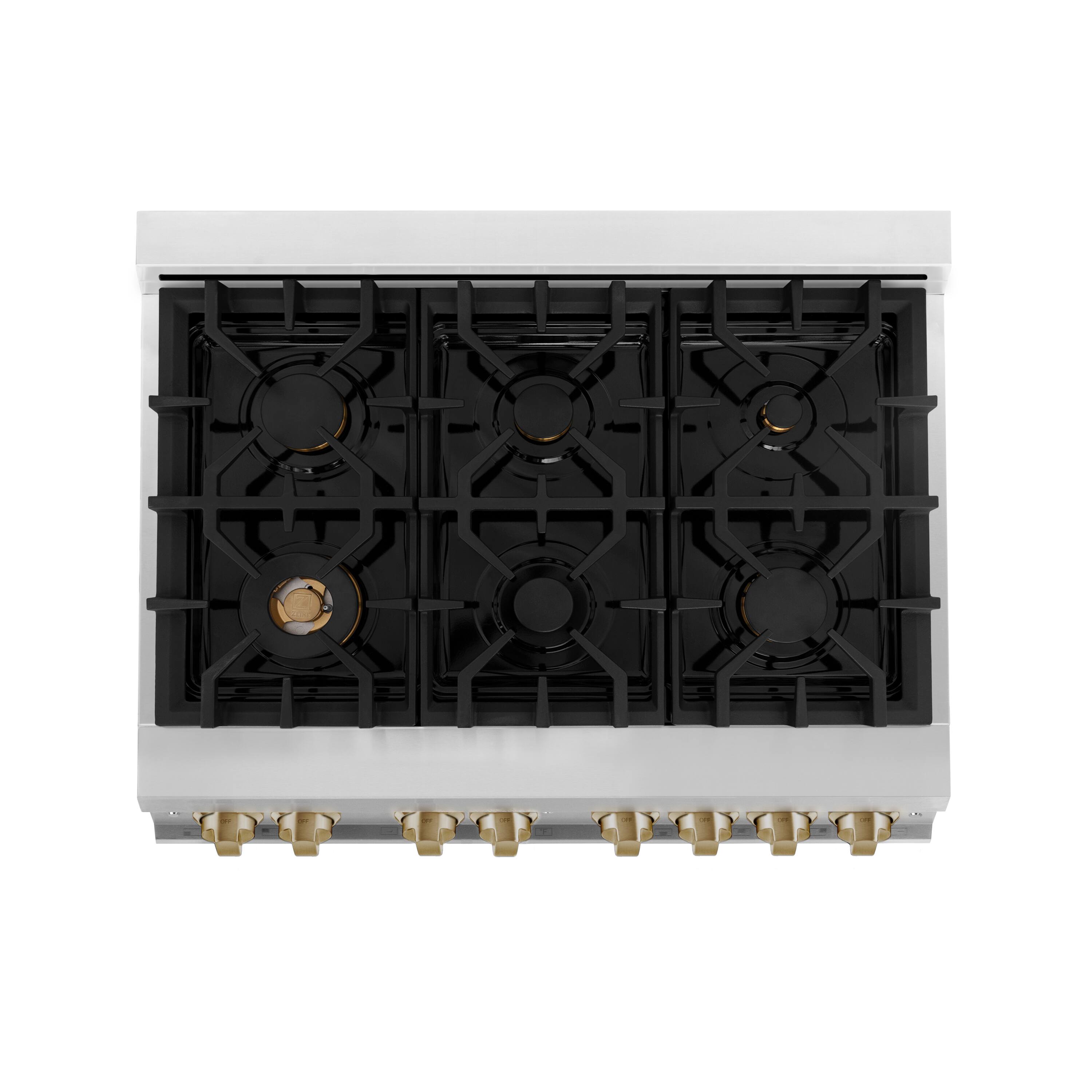 Left. ZLINE - Autograph 36" Legacy Dual Fuel Range w/ 6 Burners & White & Bronze Accents (RAZ-WM-36-CB) - Multicolor.