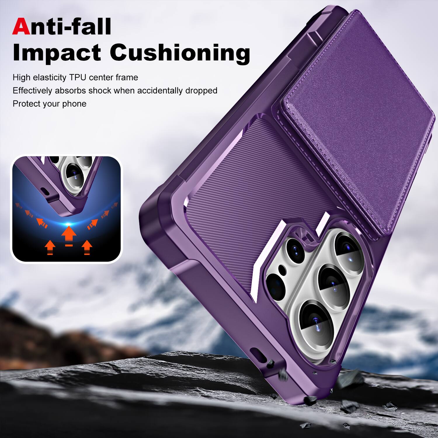 Anti-fall Impact Cushioning

High elasticity TPU center frame  
Effectively absorbs shock when accidentally dropped  
Protect your phone
