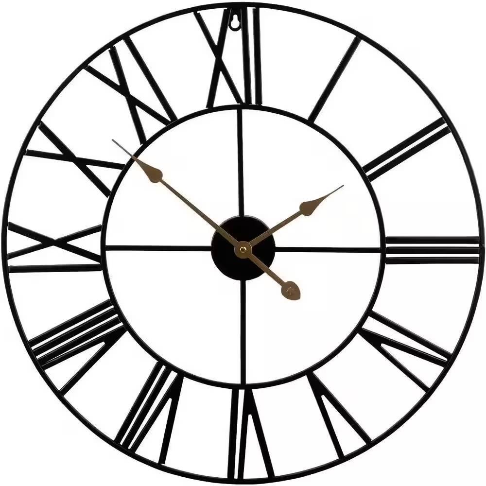Front. SlickBlue - Round Decorative Metal Wall Clock with Roman Numerals - Black.
