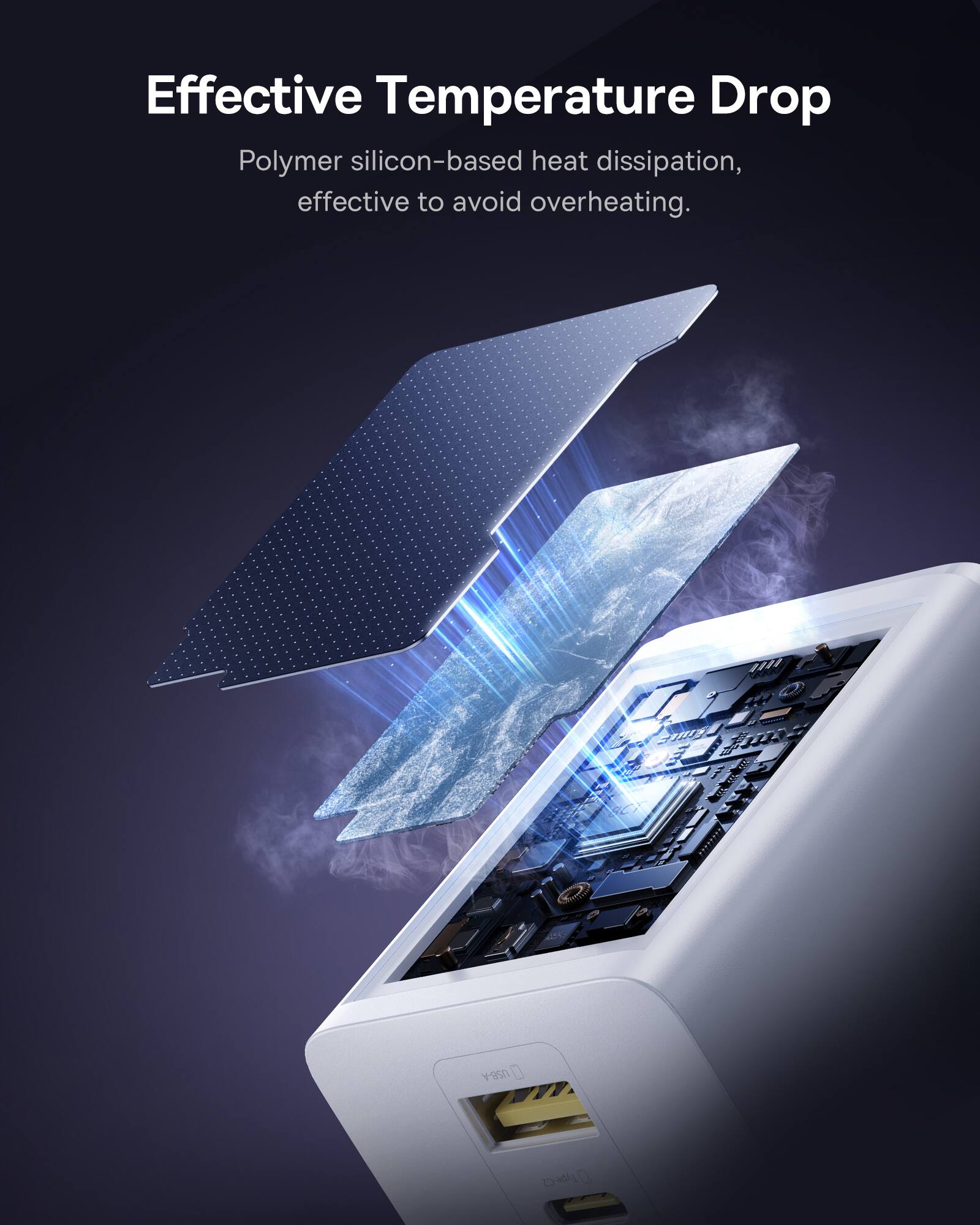 Effective Temperature Drop

Polymer silicon-based heat dissipation, effective to avoid overheating.