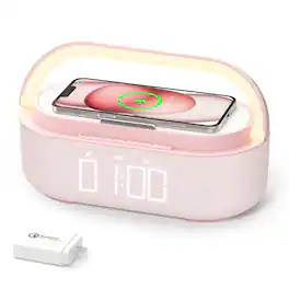 Dazzed Corner - Alarm Clock,Bluetooth Speaker with Wireless Charger, FM Radio, LED Night Light - Pink