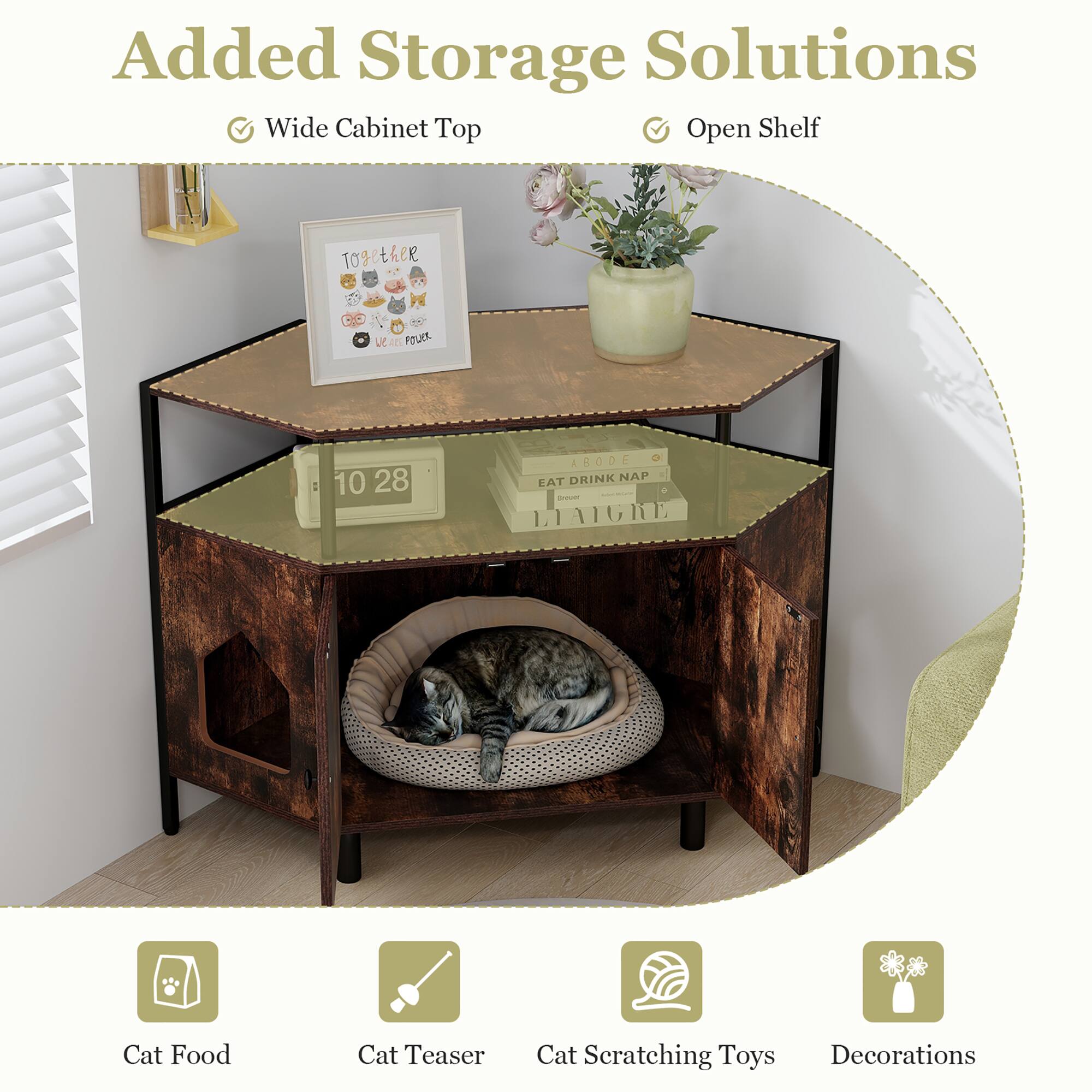 Added Storage Solutions

- Wide Cabinet Top
- Open Shelf

Cat Food
Cat Teaser
Cat Scratching Toys
Decorations