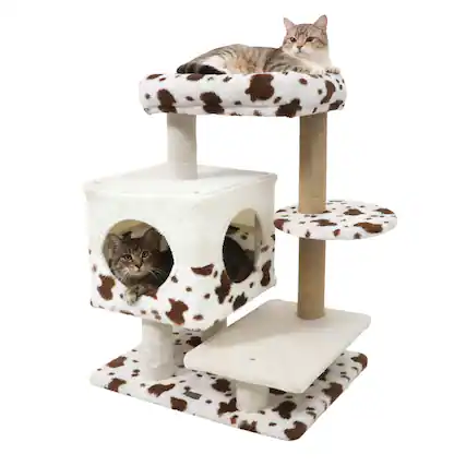 Front. Costway - Costway Modern Cat Tree with Wide Upholstered Perch & 2-Entrance Cat Condo Scratching Posts.