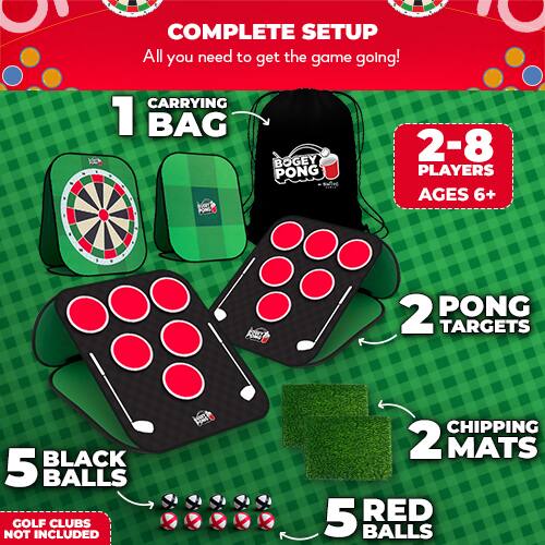 COMPLETE SETUP  
All you need to get the game going!  

CARRYING 1 BAG  
BOGEY PONG  

2-8 PLAYERS  
AGES 6+  

2 PONG TARGETS  

5 BLACK BALLS  

2 CHIPPING MATS  

5 RED BALLS  

GOLF CLUBS NOT INCLUDED