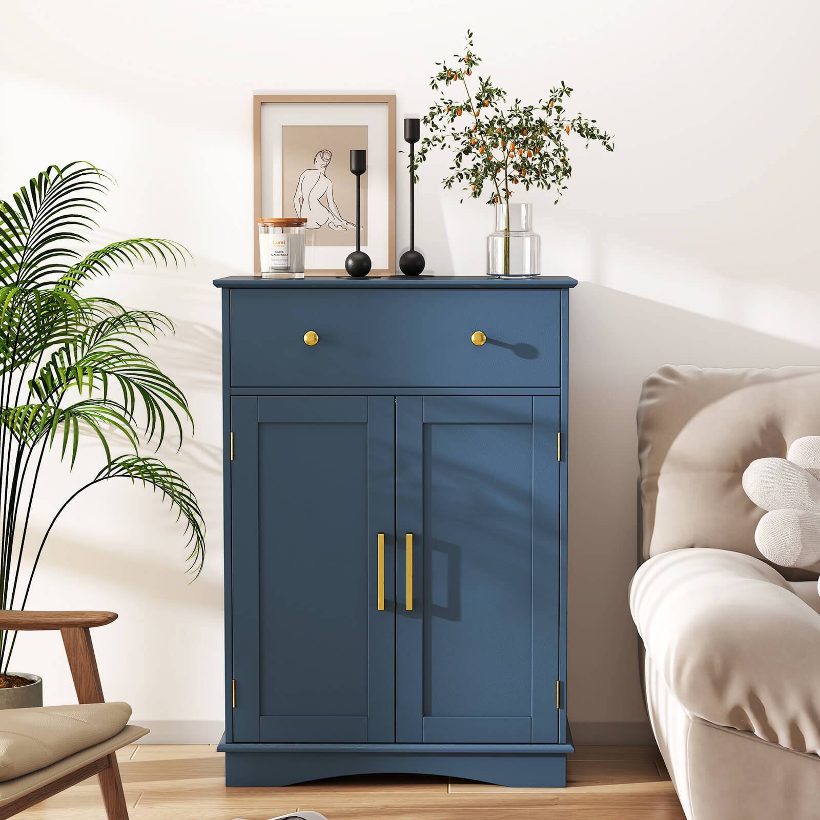 Alt View 1. Costway - Costway Bathroom Floor Cabinet Modern Storage Cabinet with Large Pull-out Drawer,2 Doors - Blue.