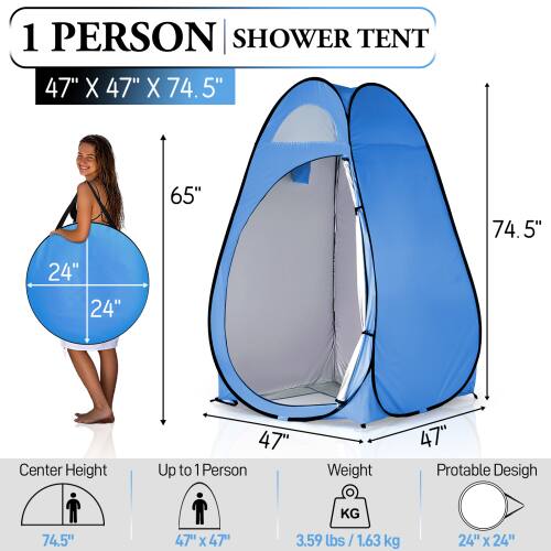 1 PERSON SHOWER TENT  
47" X 47" X 74.5"  
65"  
74.5"  
24"  
24"  
Center Height: 74.5"  
Up to 1 Person  
Weight: 3.59 lbs / 1.63 kg  
Portable Design  
24" X 24"