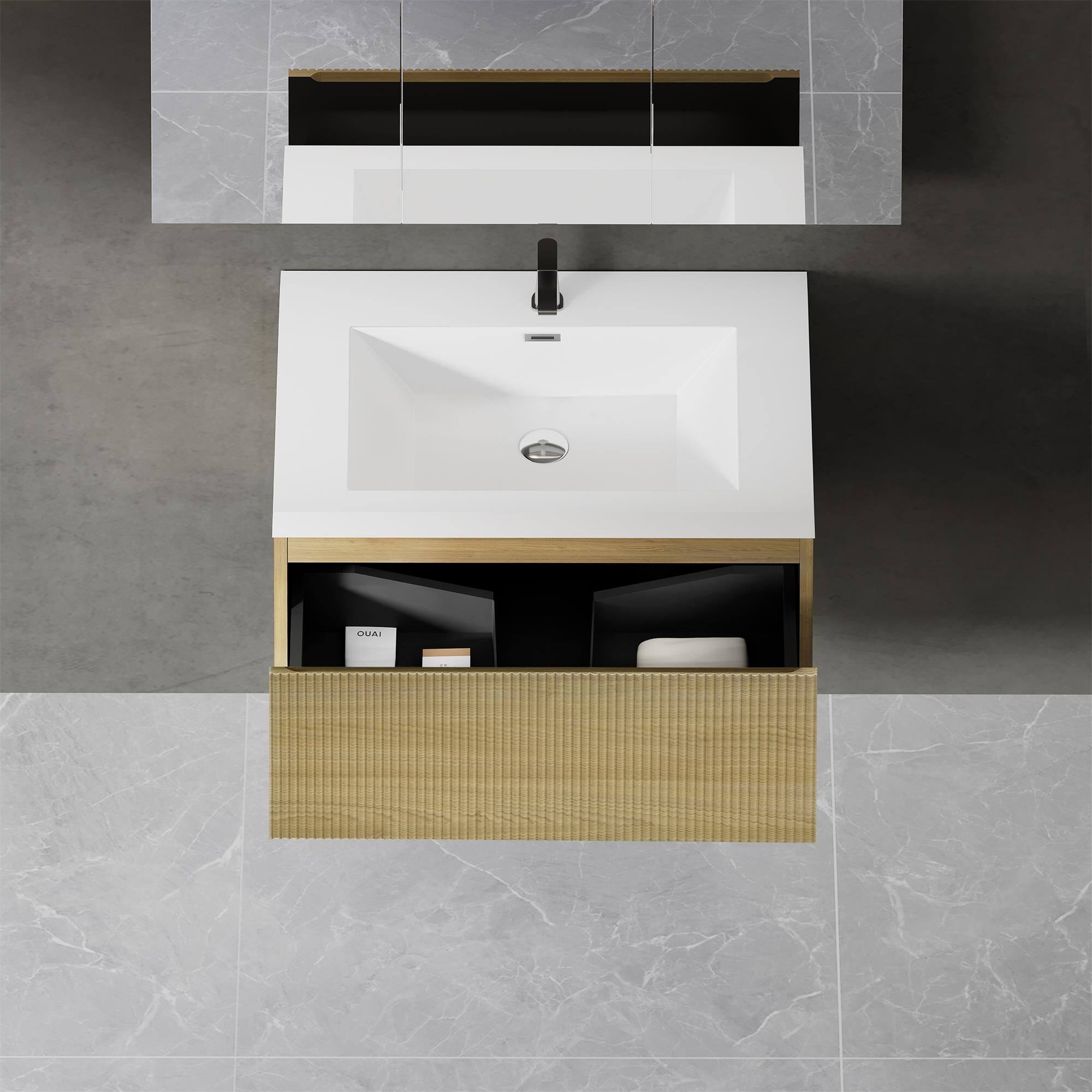 Alt View 2. Boyel Living - 30In Floating Bathroom Vanity Single Sink Oak Stone Resin Countertop Soft Close Drawer - Oak.
