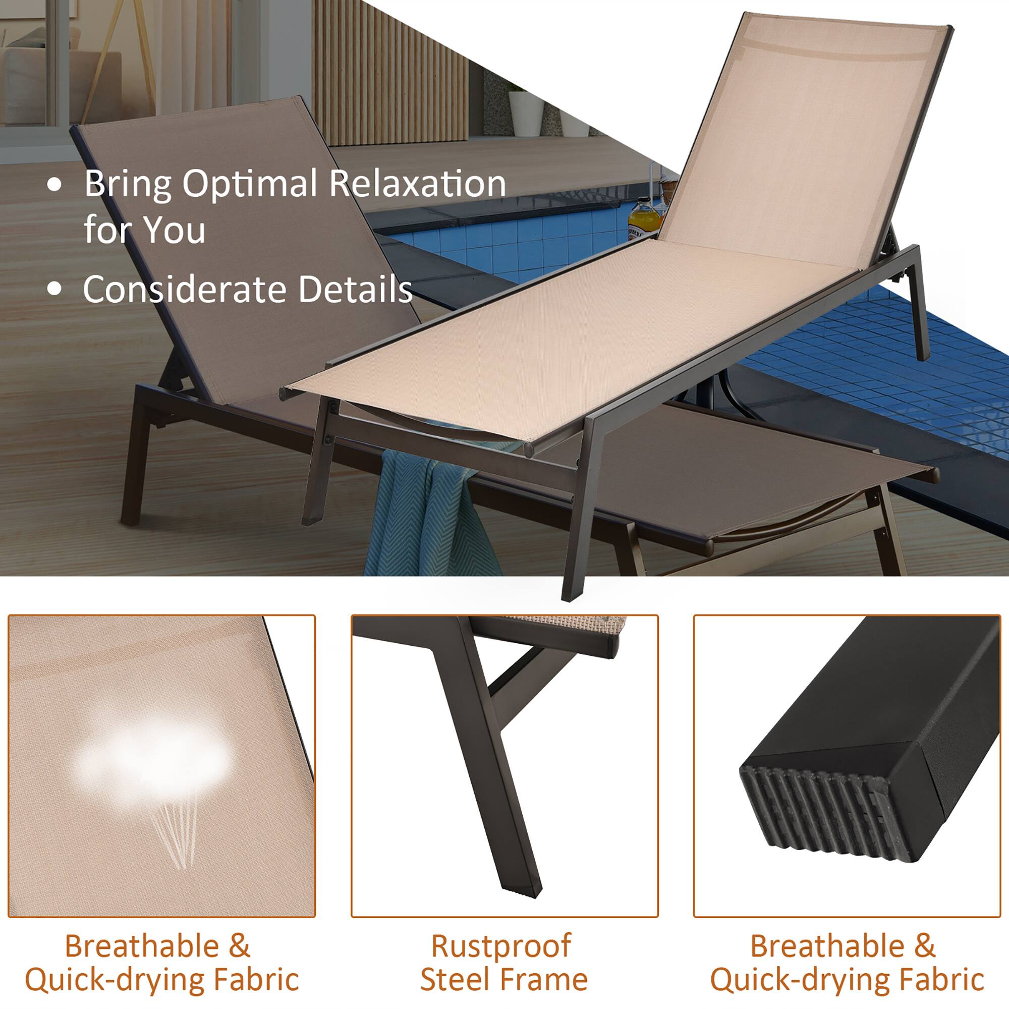 Bring Optimal Relaxation for You, Considerate Details, Breathable & Quick-drying Fabric, Rustproof Steel Frame, Breathable & Quick-drying Fabric