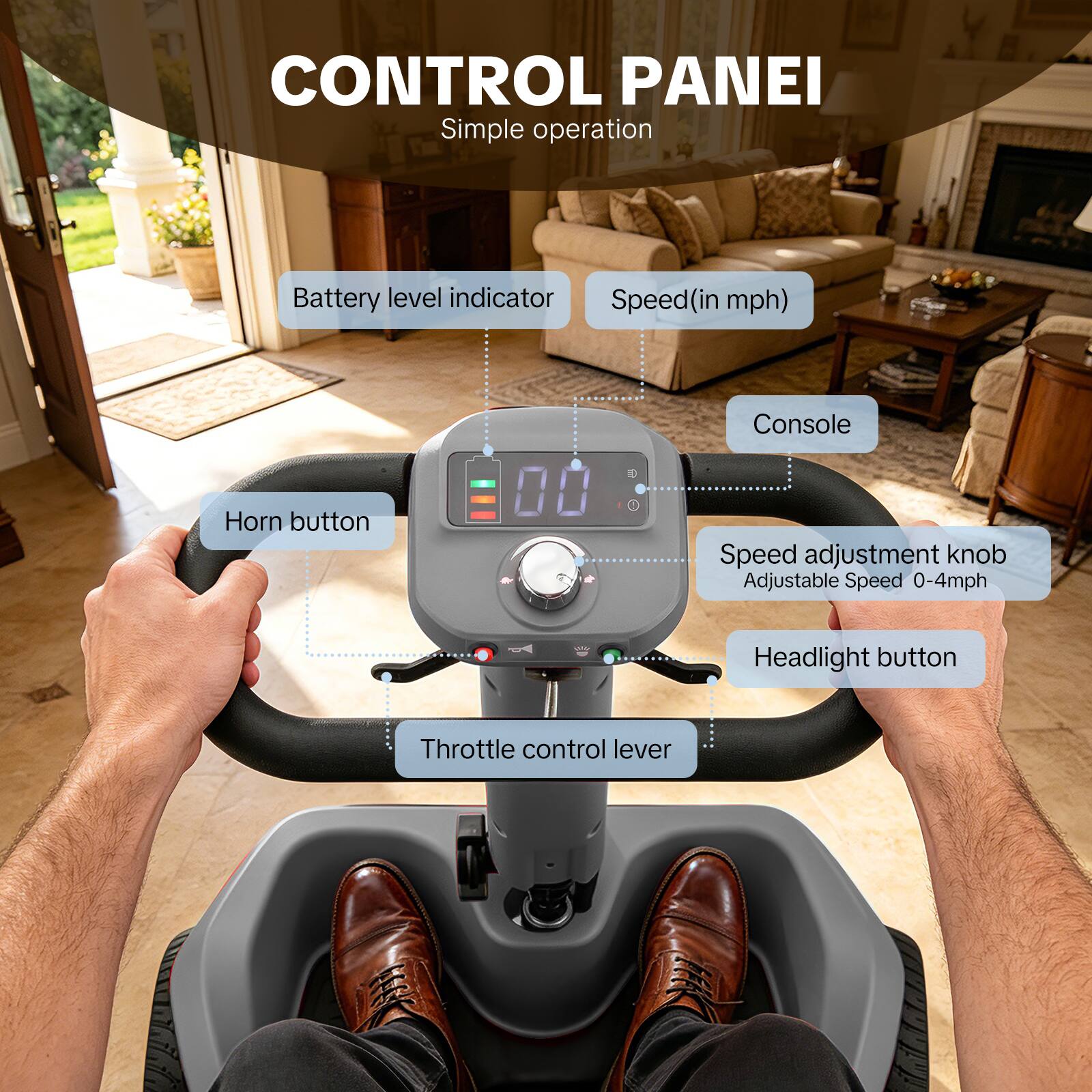 CONTROL PANEL  
Simple operation  
Battery level indicator  
Speed (in mph)  
Console  
Horn button  
Speed adjustment knob  
Adjustable Speed 0-4mph  
Headlight button  
Throttle control lever