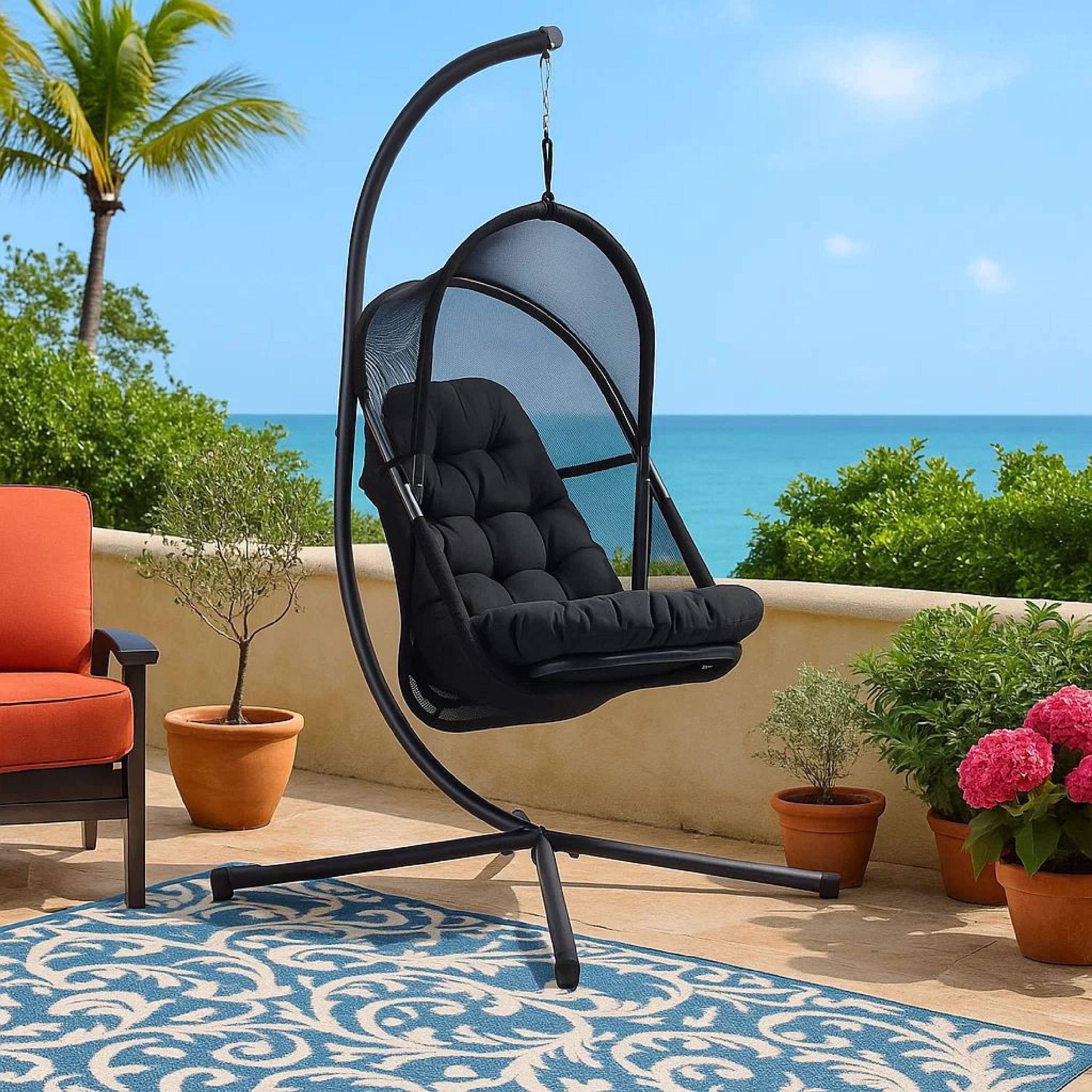 Alt View 6. Manhattan Lane - Bery Outdoor Swing Chair with Foldable Stand, Coastal Black Cushion - Black.