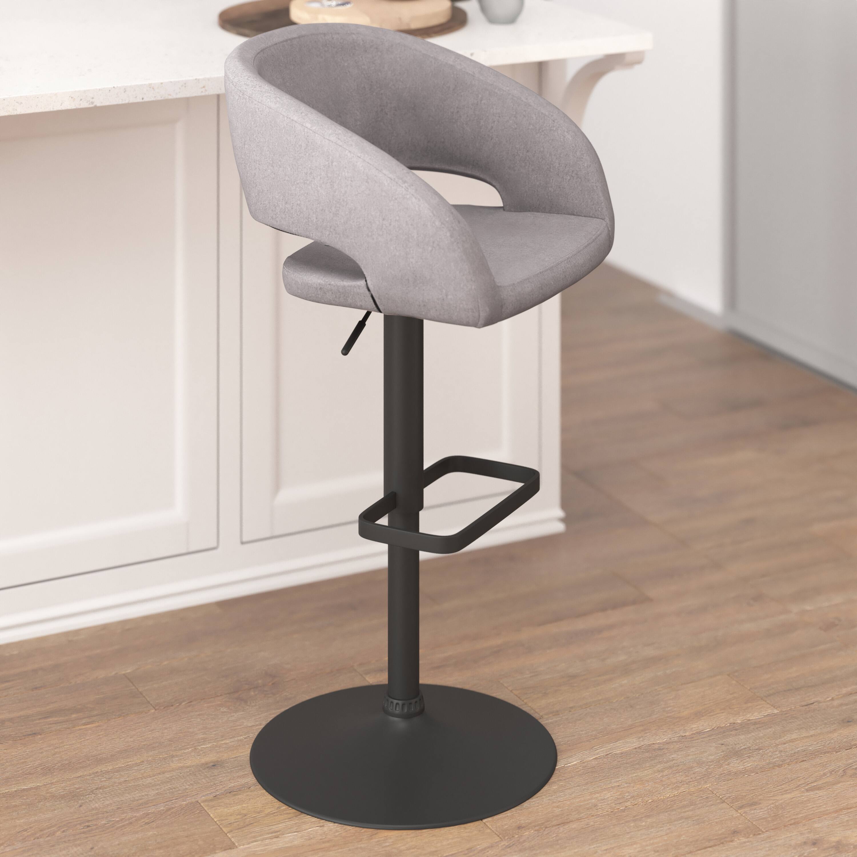 Alt View 4. Emma + Oliver - Shae Contemporary Upholstered Adjustable Height Barstool with Rounded, Cutout Mid-Back and Pedestal Base - Gray Fabric/Black Frame.