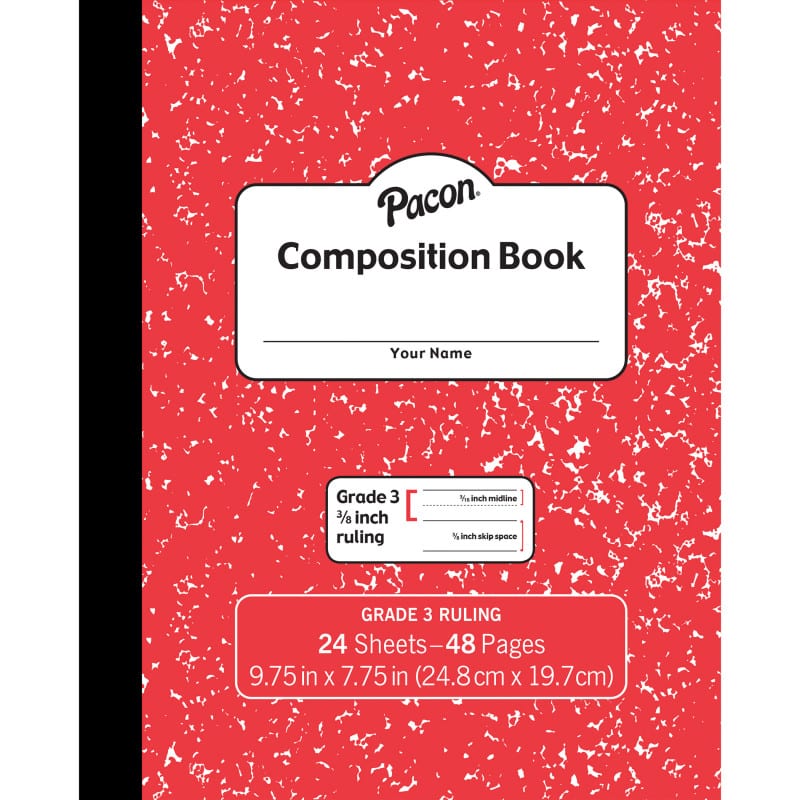 Pacon - Composition Book, Grade 3, Red Marble, 3/8" x 3/16" x 3/16" Ruled, 9-3/4" x 7-3/4", 24 Sheets