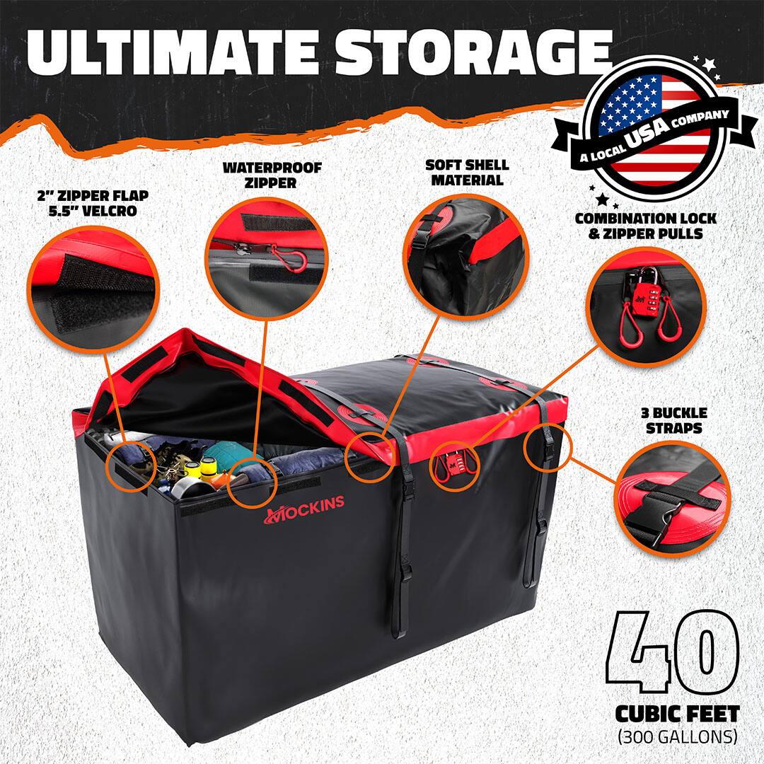 ULTIMATE STORAGE  
A LOCAL USA COMPANY  

- 2" ZIPPER FLAP  
- 5.5" VELCRO  
- WATERPROOF ZIPPER  
- SOFT SHELL MATERIAL  
- COMBINATION LOCK & ZIPPER PULLS  
- 3 BUCKLE STRAPS  

40 CUBIC FEET (300 GALLONS)