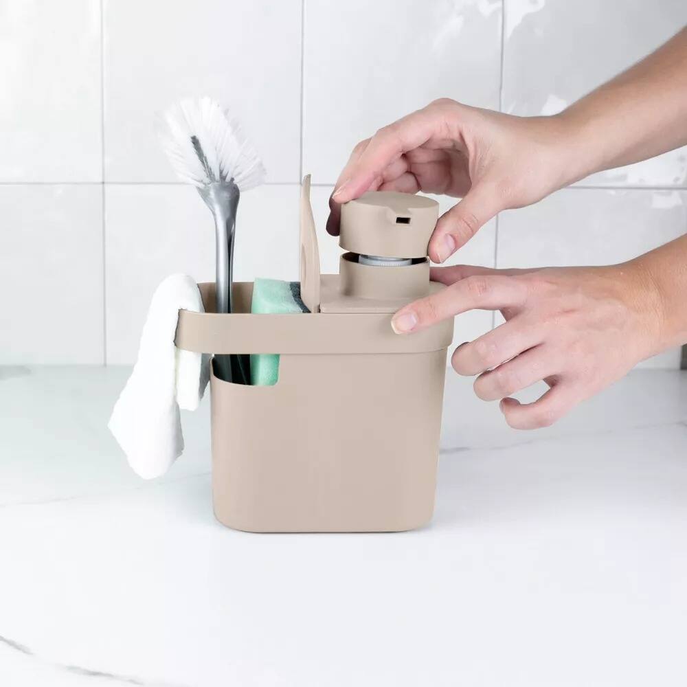Back. OU - OU 22oz Soap Dispenser, Kitchen Soap Pump, Sponge & Dish Brush Holder, Gel & Dish Soaps Compatible - Beige - Beige.