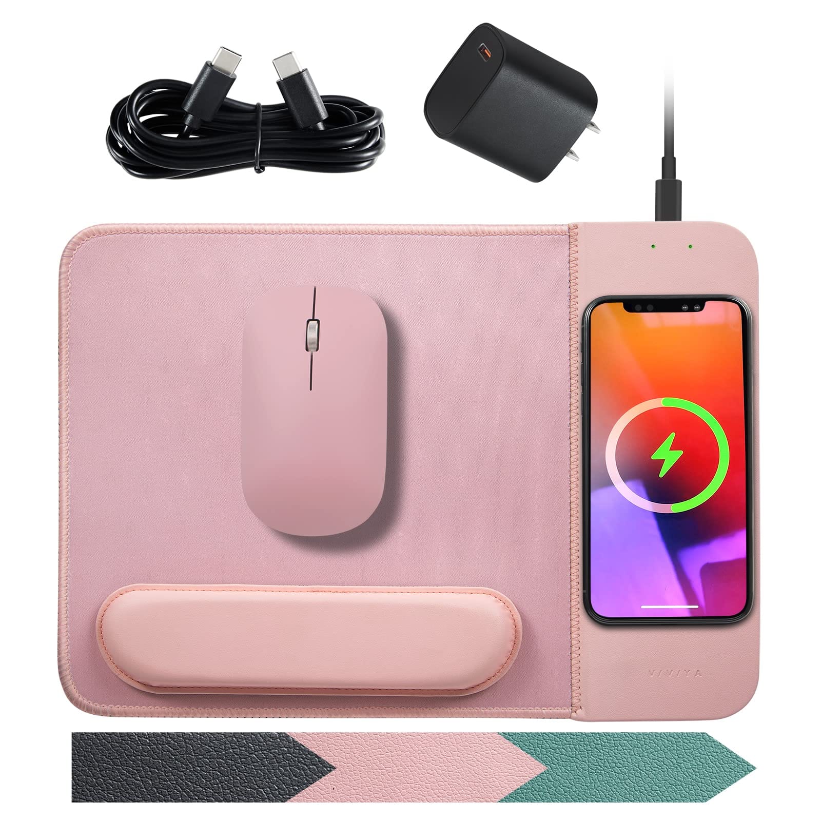 Earthley Blooms - 15w Wireless Charging Mouse Pad With Detachable Wrist Support And 20w Power Adapter Fast Qi Phone Mat For - Pink-With PD