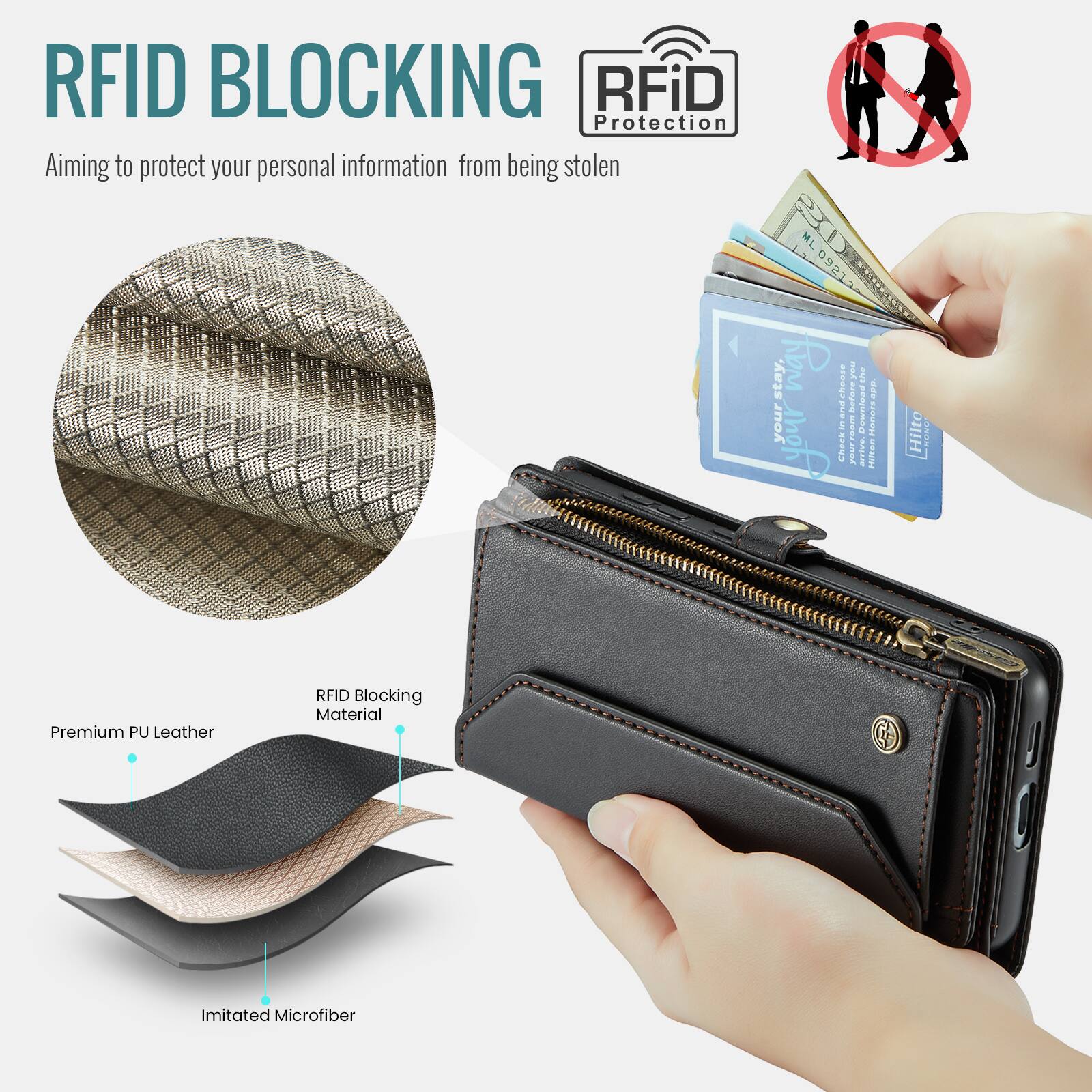 RFID BLOCKING  
Aiming to protect your personal information from being stolen  

RFiD Protection  

Premium PU Leather  
RFID Blocking Material  
Imitated Microfiber
