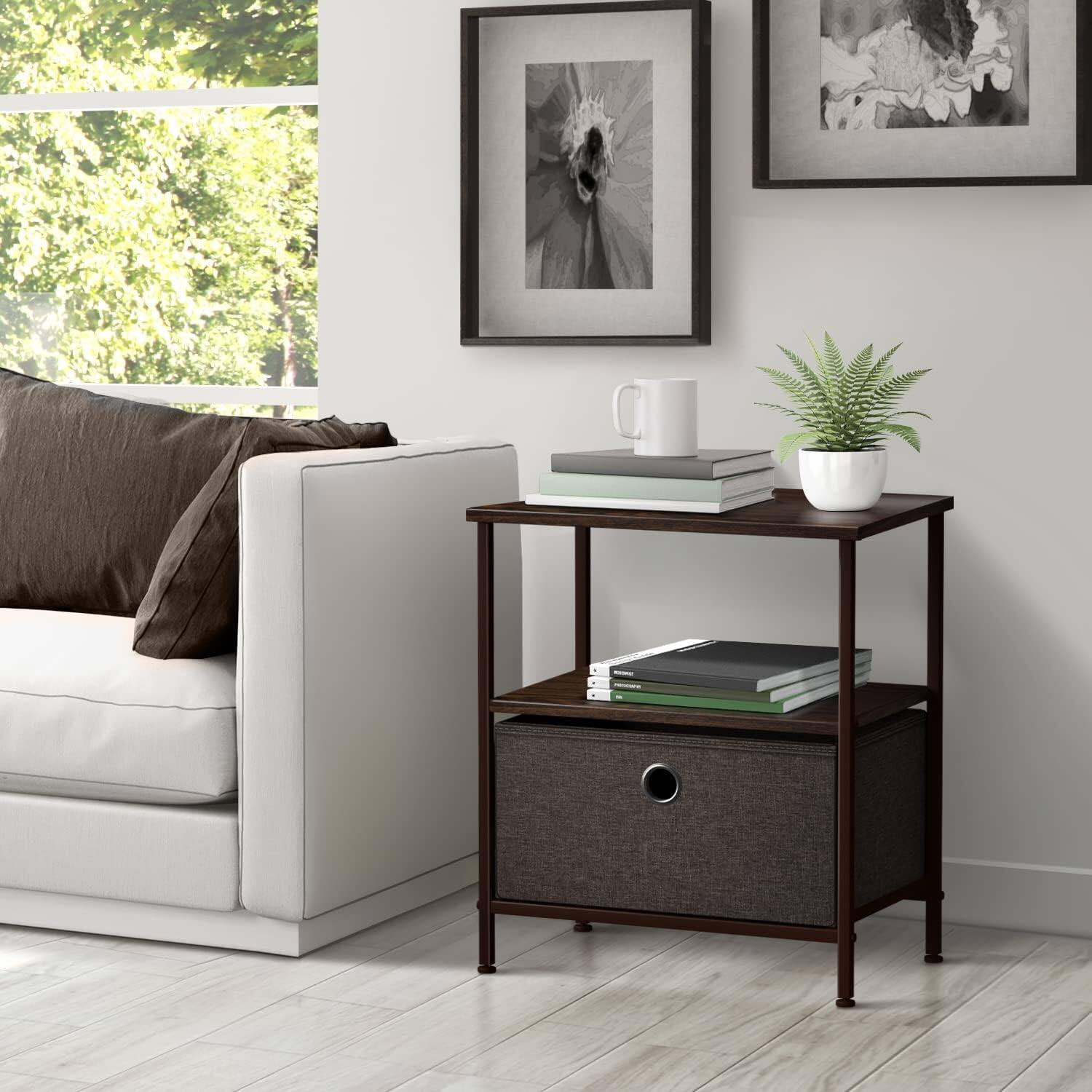 Alt View 3. Sorbus - Sorbus 1 Drawers Nightstand with Shelf - Steel Frame, Wood Top &Fabric Bins -Home, Bedroom, Office & College Dorm - Brown.