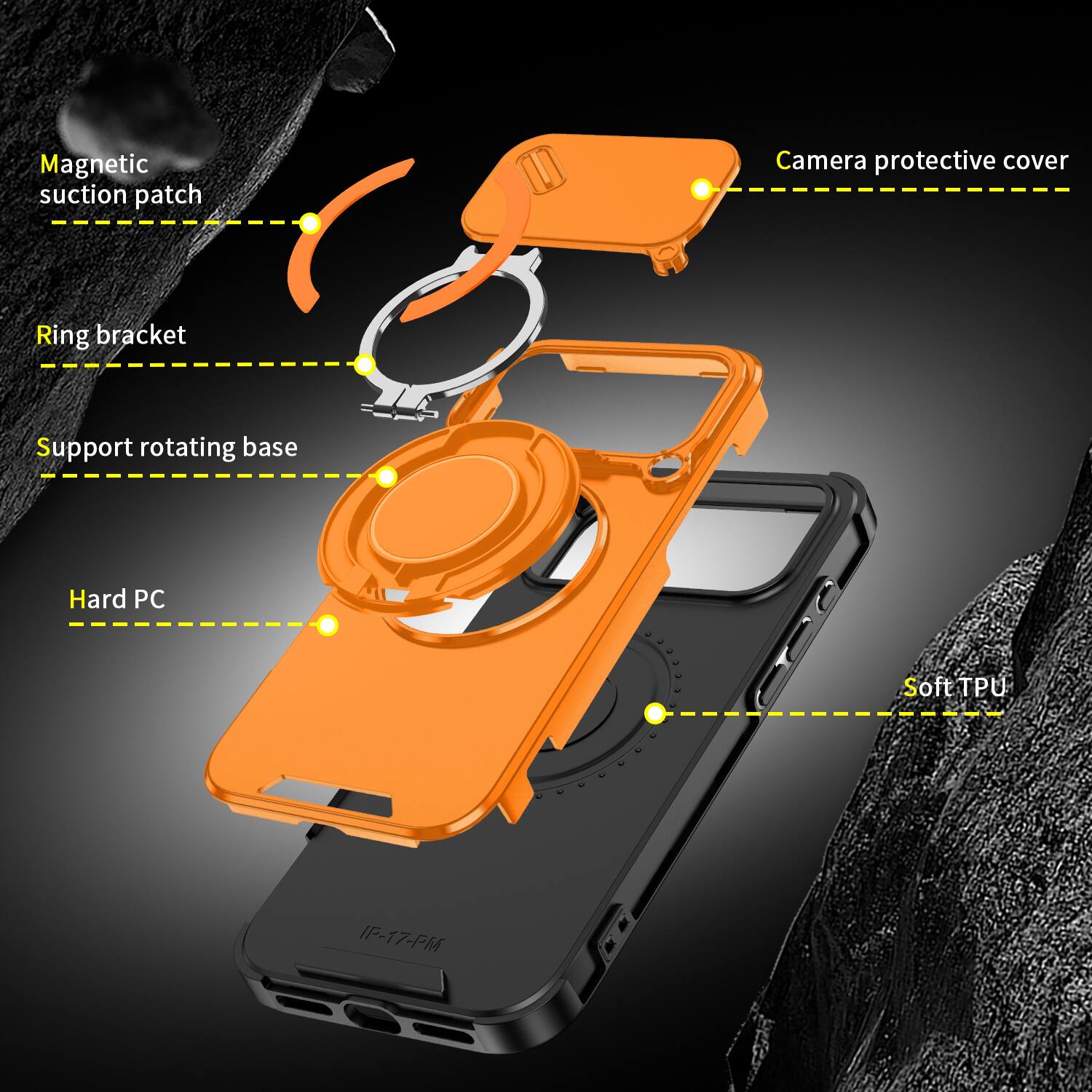 Magnetic suction patch  
Camera protective cover  
Ring bracket  
Support rotating base  
Hard PC  
Soft TPU  
IF-17-PM
