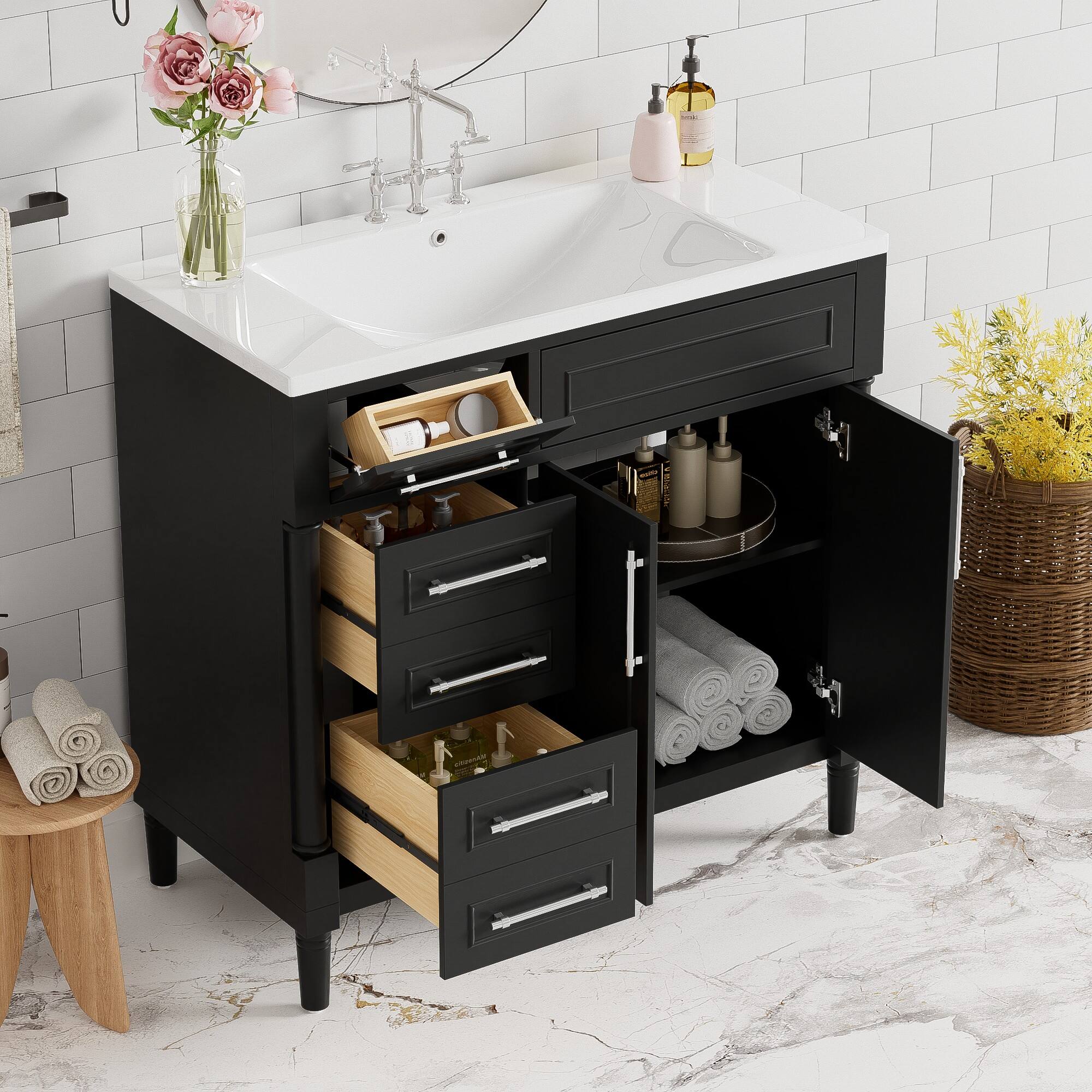 Alt View 2. Boyel Living - 36 Inch Modern Bathroom Vanity with Resin Sink Solid Wood Frame Black - Black.
