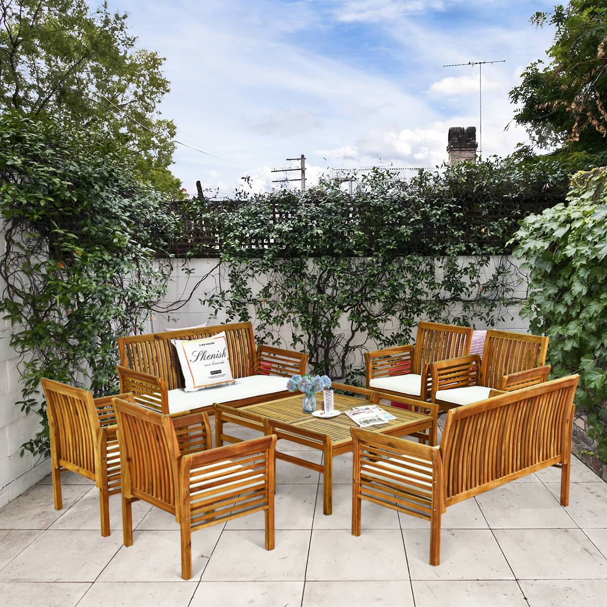 Alt View 5. Gymax - Gymax 8 Piece Outdoor Acacia Wood Sofa Set w/ Teak Wood Oil Water Resistant Cushions - Natural.