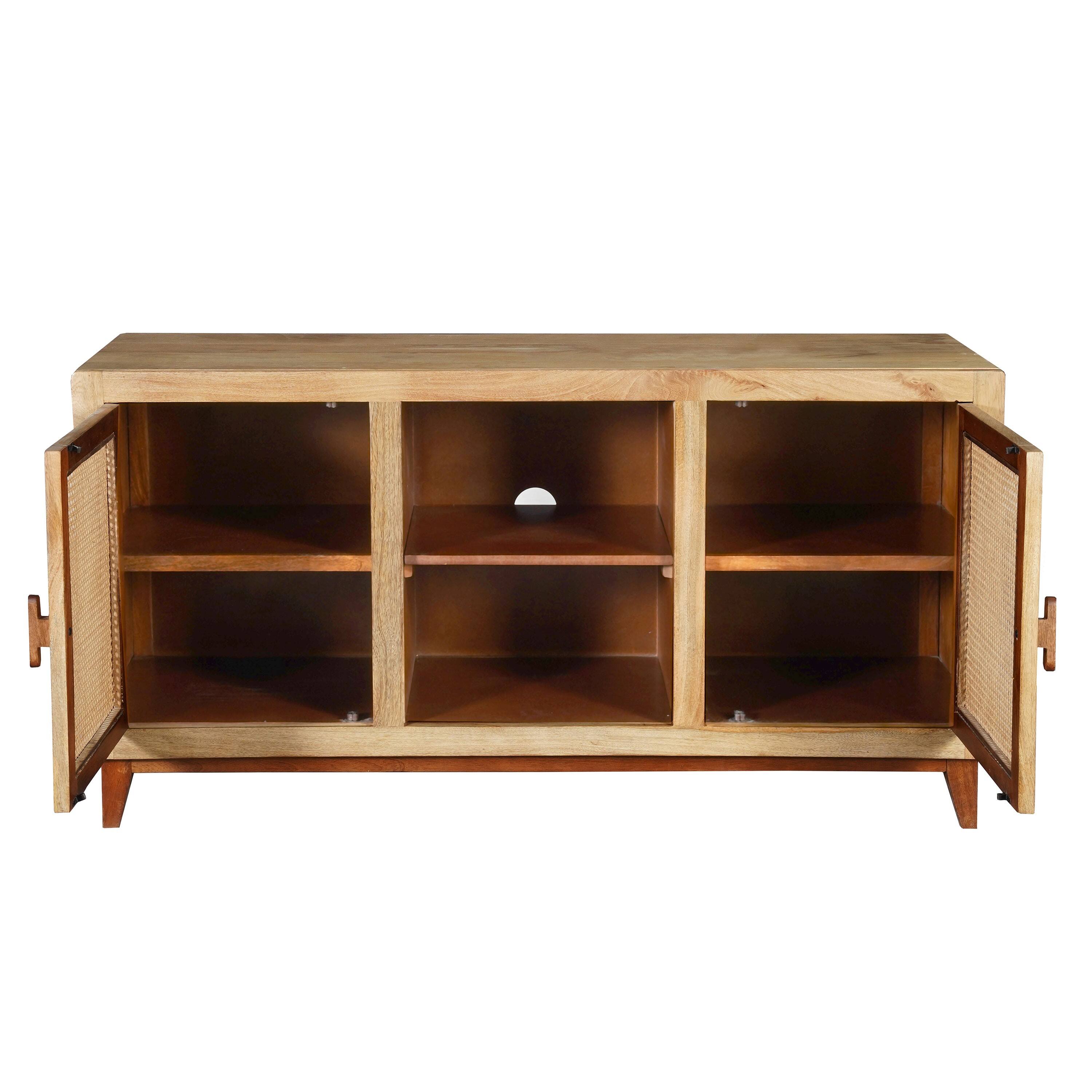 Left. Manhattan Lane - Aru 58 Inch Sideboard Buffet Cabinet, 2 Cane Doors n Open Shelves, 2 Tone Antique Brown Mango Wood - Antique Brown.