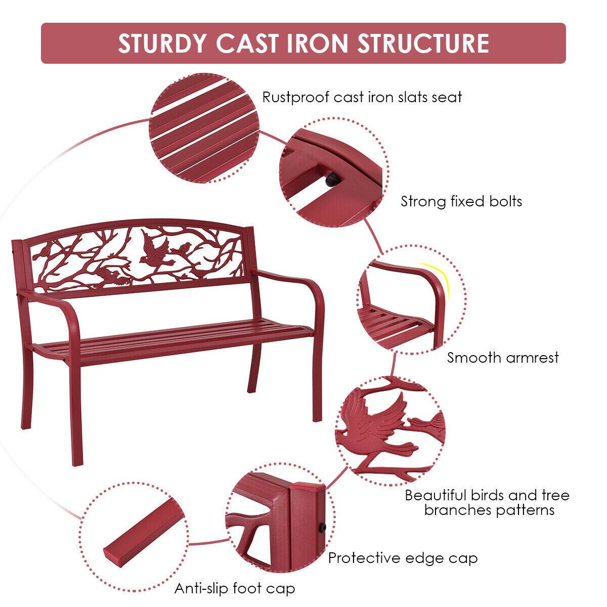 STURDY CAST IRON STRUCTURE

Rustproof cast iron slats seat
Strong fixed bolts
Smooth armrest
Beautiful birds and tree branches patterns
Protective edge cap
Anti-slip foot cap