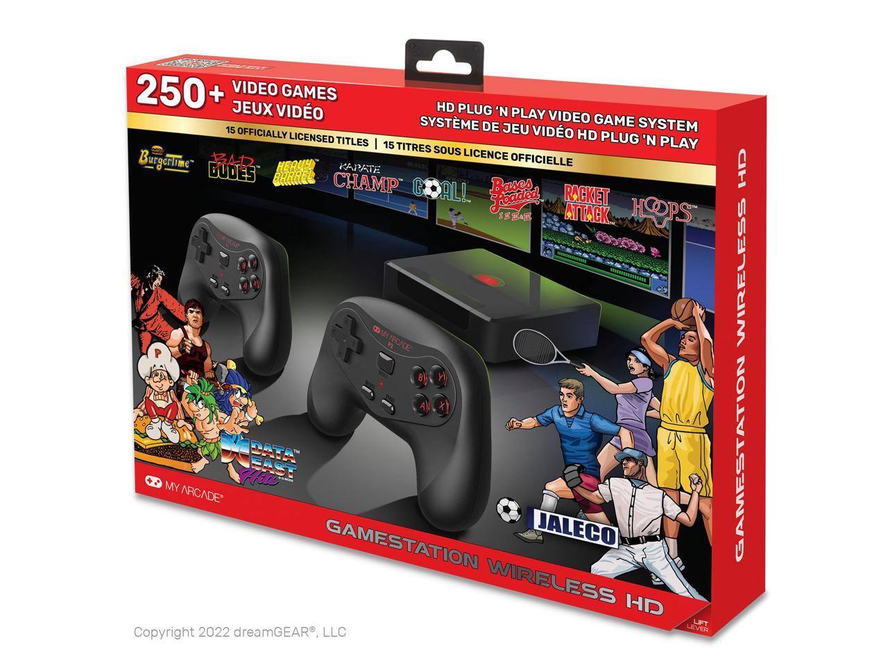 250+ VIDEO GAMES JEUX VIDÉO HD PLUG 'N PLAY VIDEO GAME SYSTEM OFFICIALLY LICENSED HD PLUG N. PLAY TITRES SOUS LICENCE OFFICIELLE BurgerTime DUDES KARATE CHAMP GOAL! BASES FLOODED RACKET ATTACK HOOPS HOCKEY MY ARCADE GAMESTATION JALECO WIRELESS HD LFT 2022 dreamGEAR, LLC COPYRIGHT