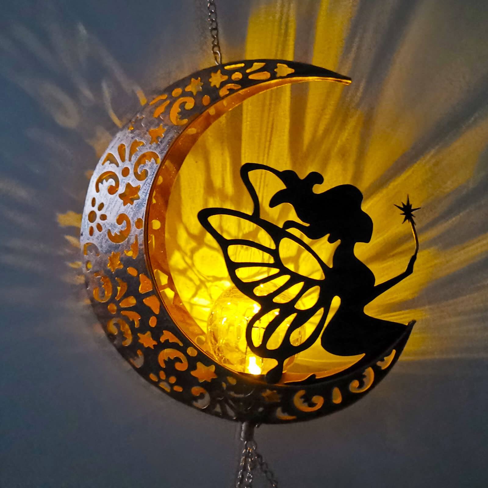 Left. Fabibe - Solar Wind Chimes Moon Fairy Hanging Outdoor Decor Crackle Glass Ball Warm Memorial Light Patio Lawn Yard Gardening - Moon Cat.