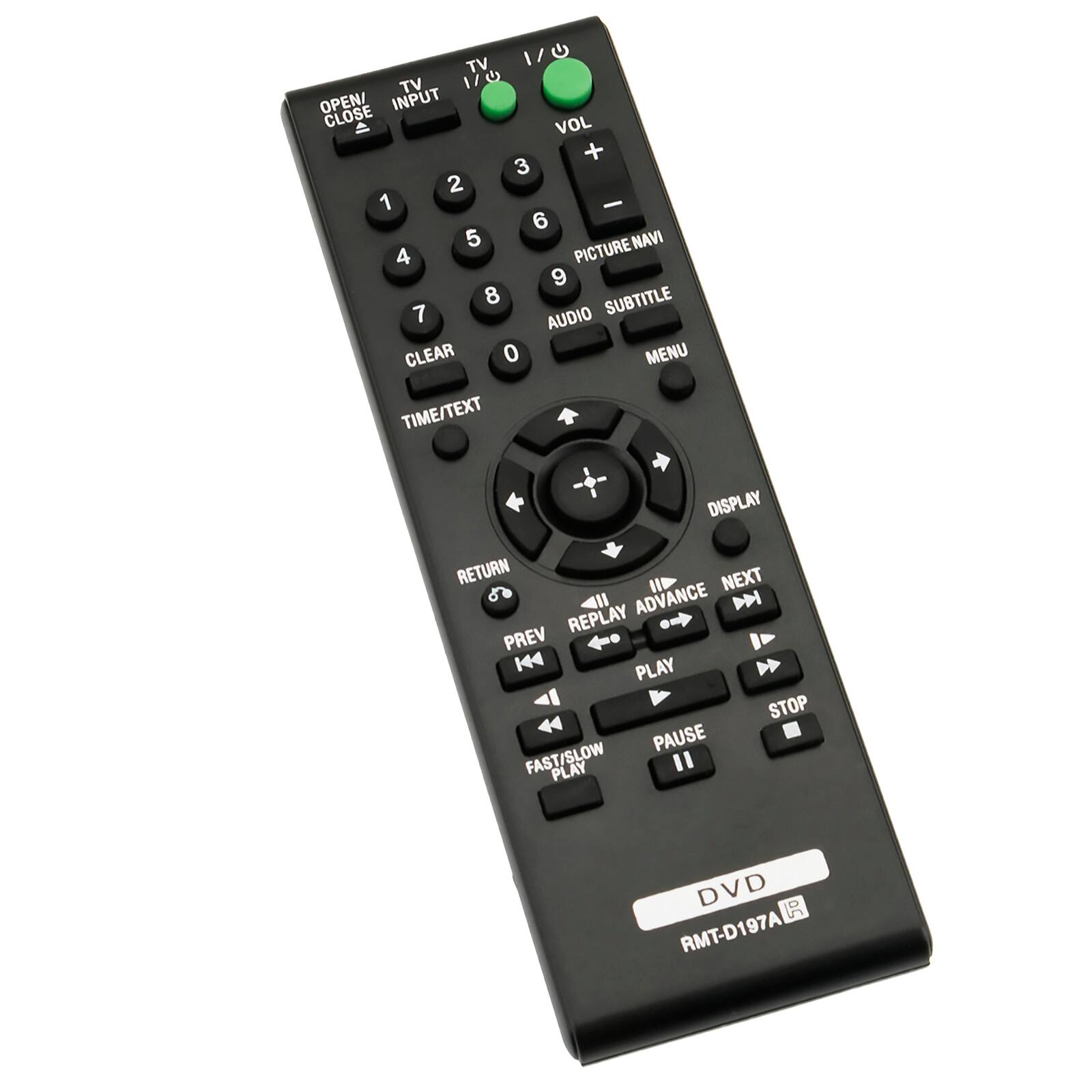1/0 G TV TV 170 OPEN/INPUT CLOSE VOL + 3 2 1 - 6 5 NAVI 4 PICTURE 9 8 SUBTITLE 7 AUDIO CLEAR 0 MENU TIME/TEXT DISPLAY RETURN NEXT 411 ADVANCE D REPLAY PREV K4 PLAY STOP 44 PAUSE FAST/SLOW PLAY " DVD R RMT-D197A