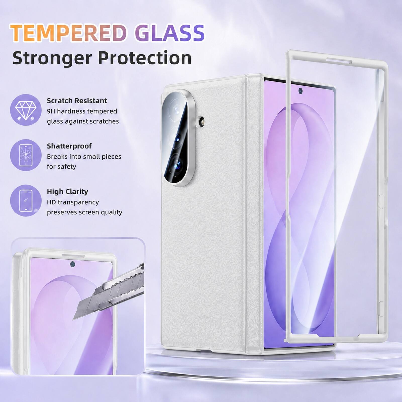 TEMPERED GLASS  
Stronger Protection

- Scratch Resistant  
  9H hardness tempered glass against scratches

- Shatterproof  
  Breaks into small pieces for safety

- High Clarity  
  HD transparency preserves screen quality