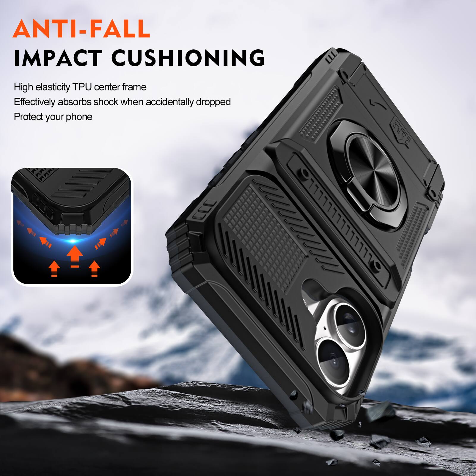 ANTI-FALL IMPACT CUSHIONING

High elasticity TPU center frame
Effectively absorbs shock when accidentally dropped
Protect your phone