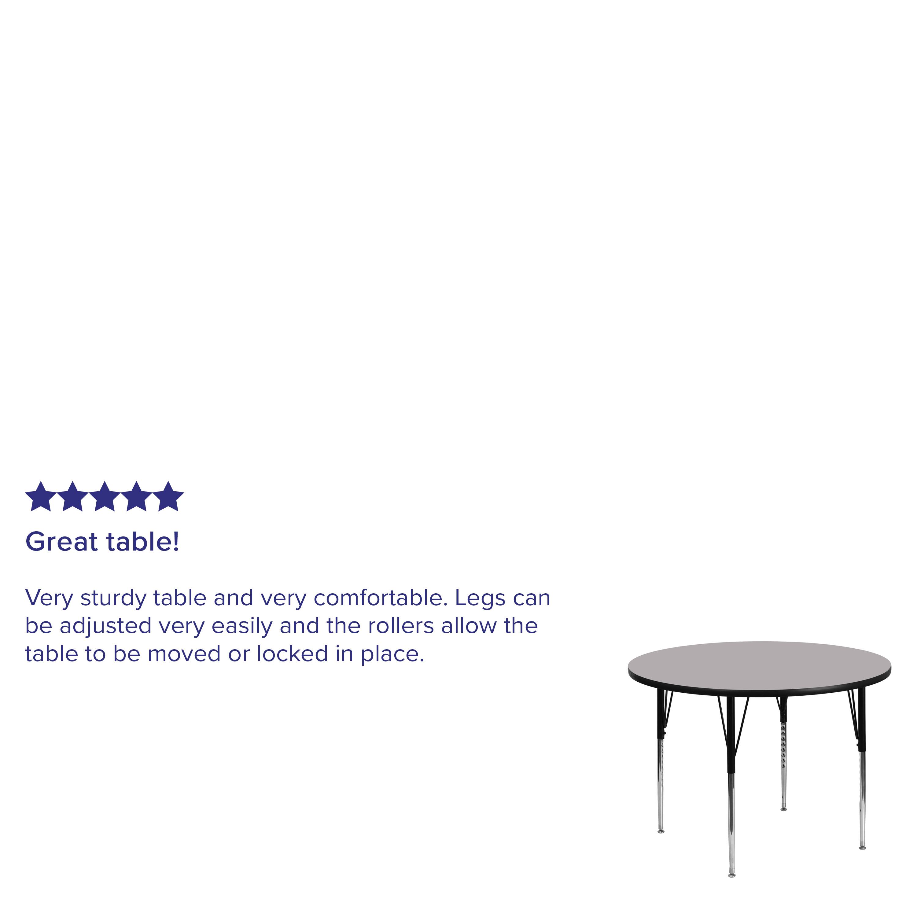 Great table! Very sturdy table and very comfortable. Legs can be adjusted very easily and the rollers allow the table to be moved or locked in place.