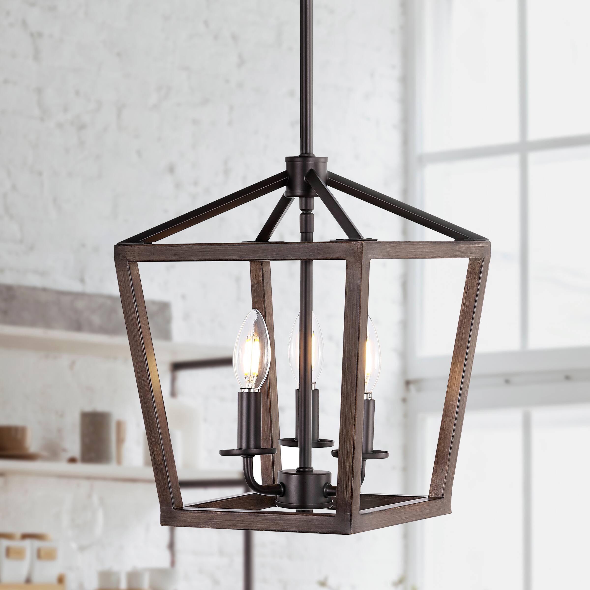 Alt View 1. Jonathan Y - Oria 10" 3-Light Iron Farmhouse Industrial Lantern LED Pendant, Oil Rubbed Bronze/Faux Wood - Oil Rubbed Bronze.
