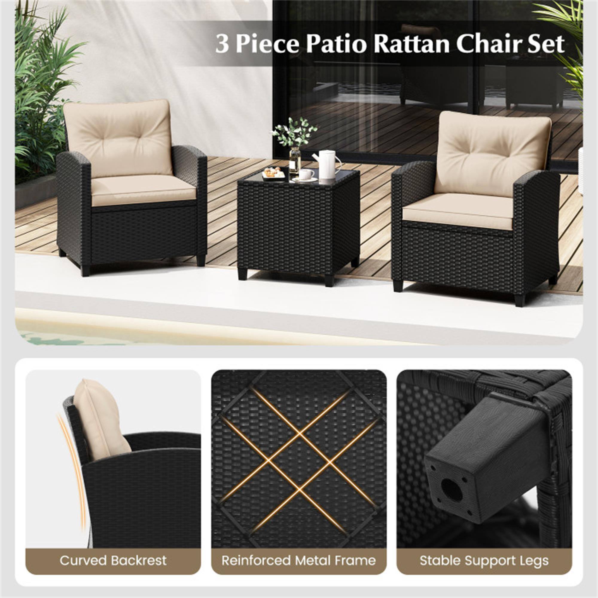 3 Piece Patio Rattan Chair Set

- Curved Backrest
- Reinforced Metal Frame
- Stable Support Legs