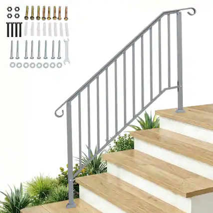 Front. Winado - 4-Step Handrails Wrought Iron Transitional Crimping Handrail Waterproof Cover for Concrete Steps Indoor Outdoor Garden - Silver.