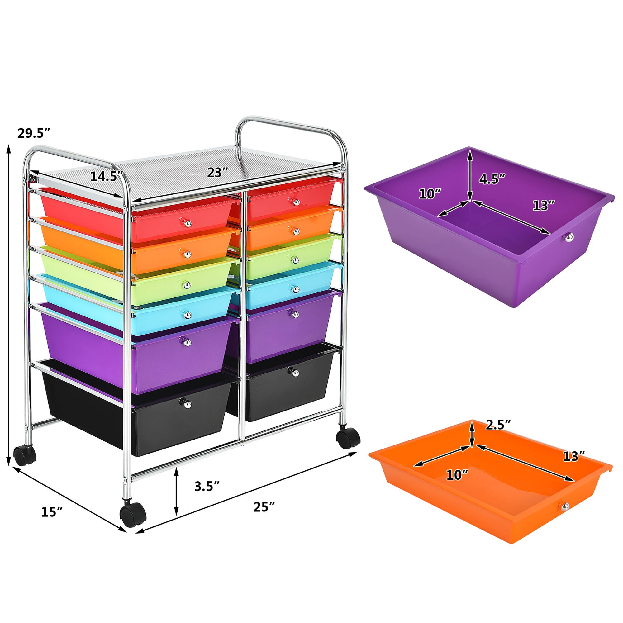 The text on the image is grouped and corrected as follows:

* 29.5" 14.5" 23" 10" 4.5" 13" 2.5" 15" 3.5" 25" 10" 13" 4"

This corrected text represents the dimensions of the cart and the bins, with each measurement separated by a space.