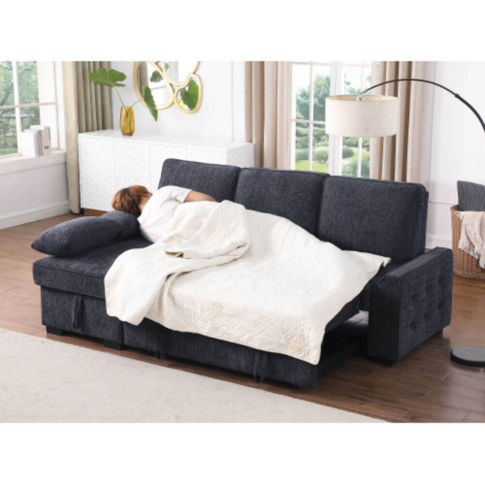Left. LUCKY ONE - 91" Charcoal Chenille Reversible Sleeper Sectional with Storage Chaise, Drop-Down Table, Cupholders - Charcoal.
