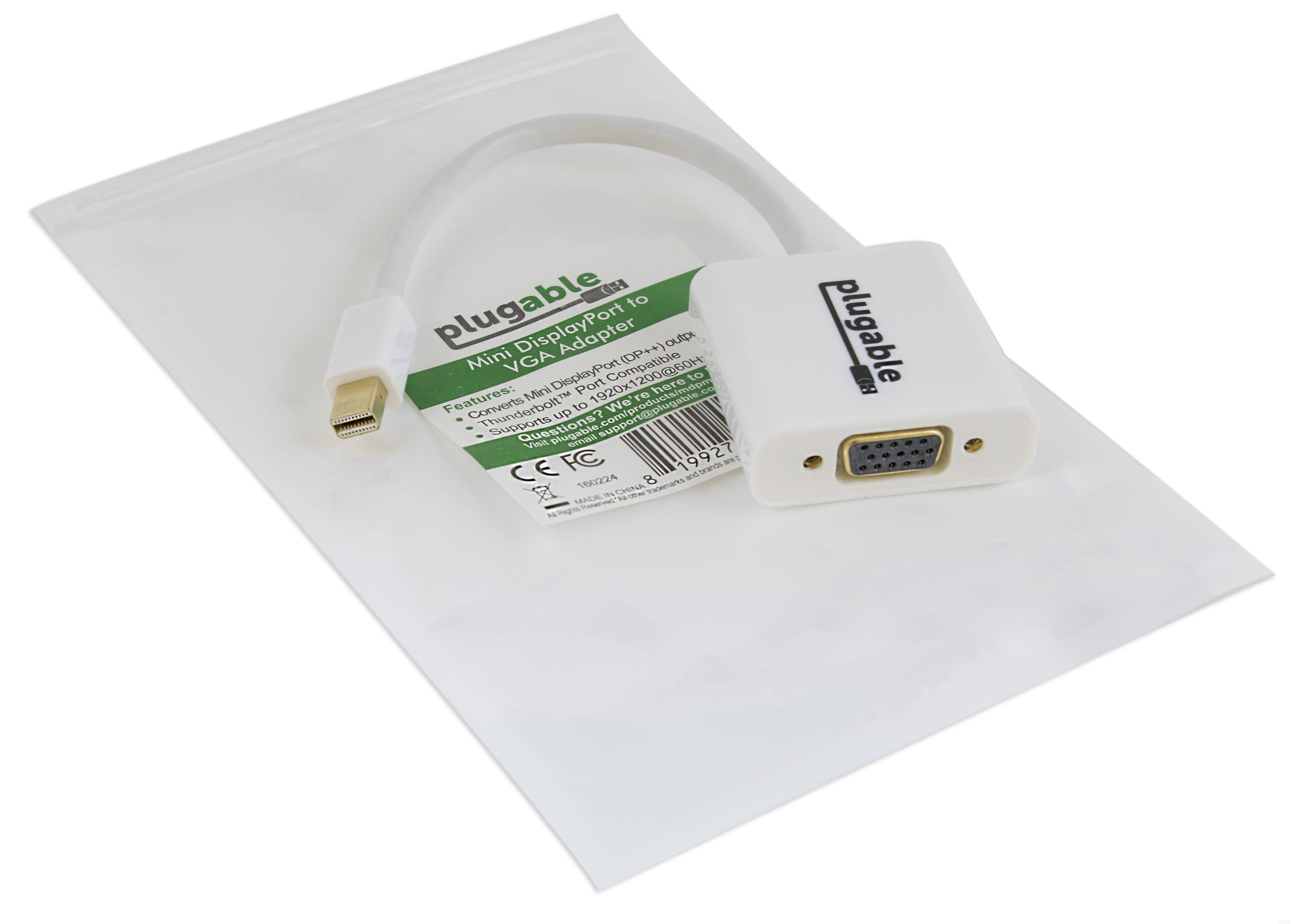 plugable Mini DisplayPort to VGA DisplayPort Adapter

Features:
- Converts Mini DisplayPort (DP++) to VGA
- Supports up to 1920x1200@60Hz
- Thunderbolt™ compatible

Questions? Visit plugable.com

CE FCC

180224 8

MADE IN CHINA
