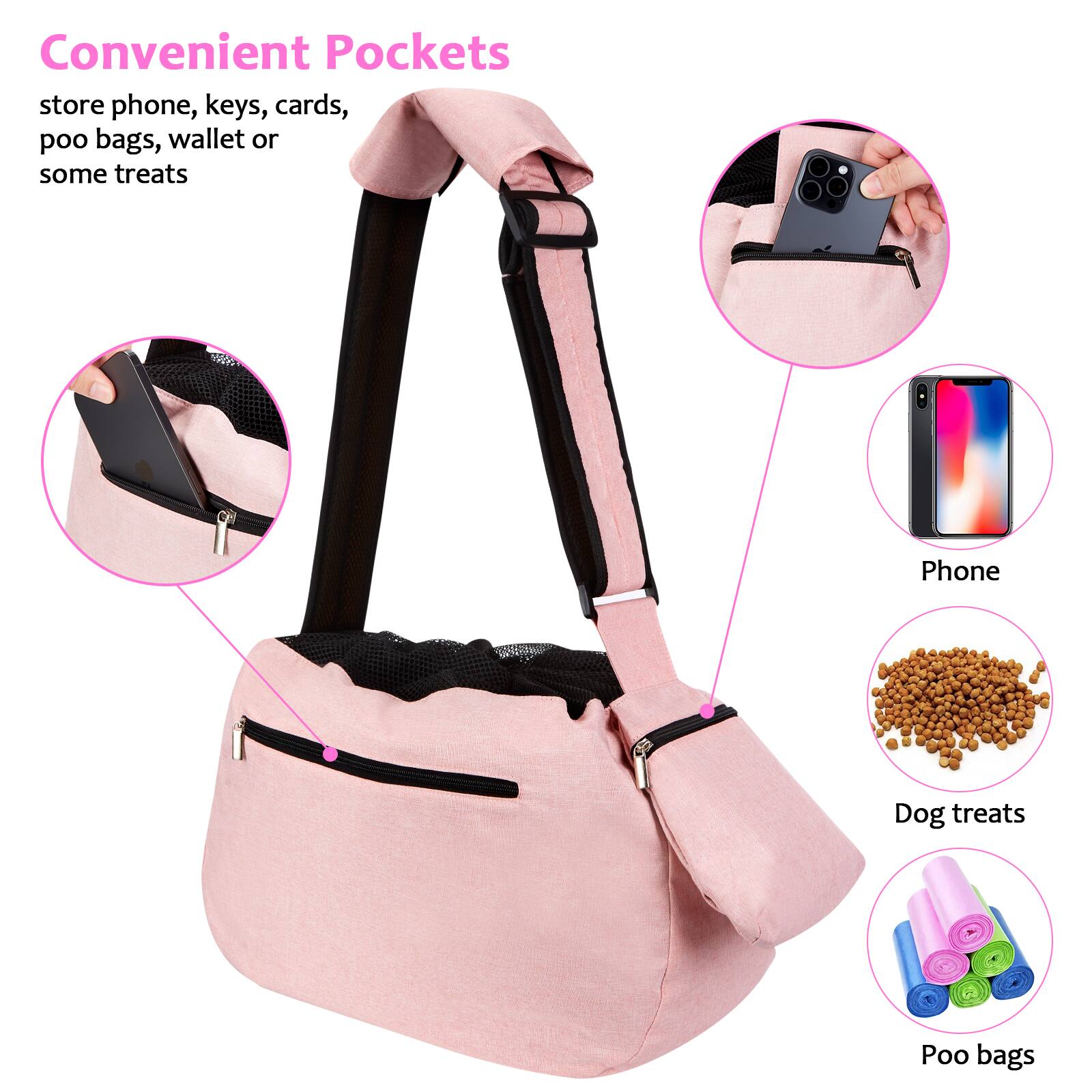 Convenient Pockets  
store phone, keys, cards, poo bags, wallet or some treats  

- Phone  
- Dog treats  
- Poo bags