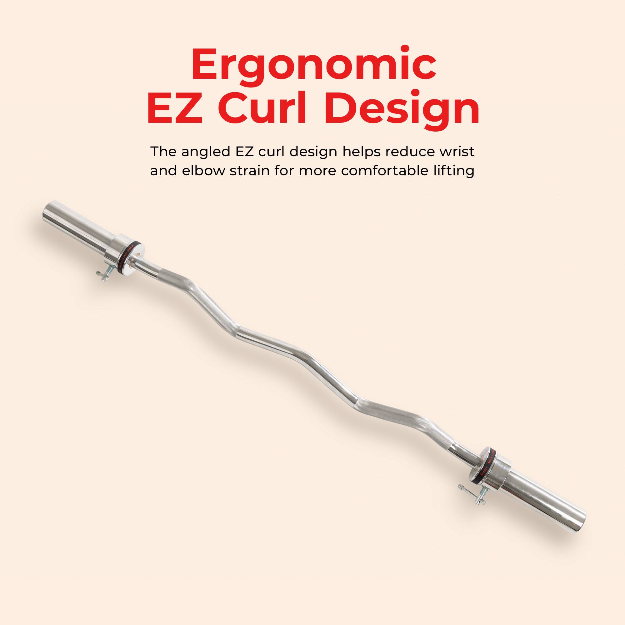 Ergonomic EZ Curl Design

The angled EZ curl design helps reduce wrist and elbow strain for more comfortable lifting.