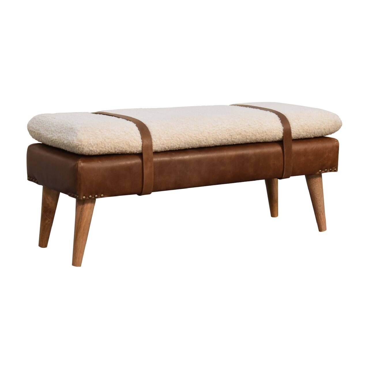 Back. Artisan Furniture - Artisan Furniture Solid Wood Boucle Buffalo Hide Leather Bench, Upholstered, Brown & Cream - Brown & Cream.