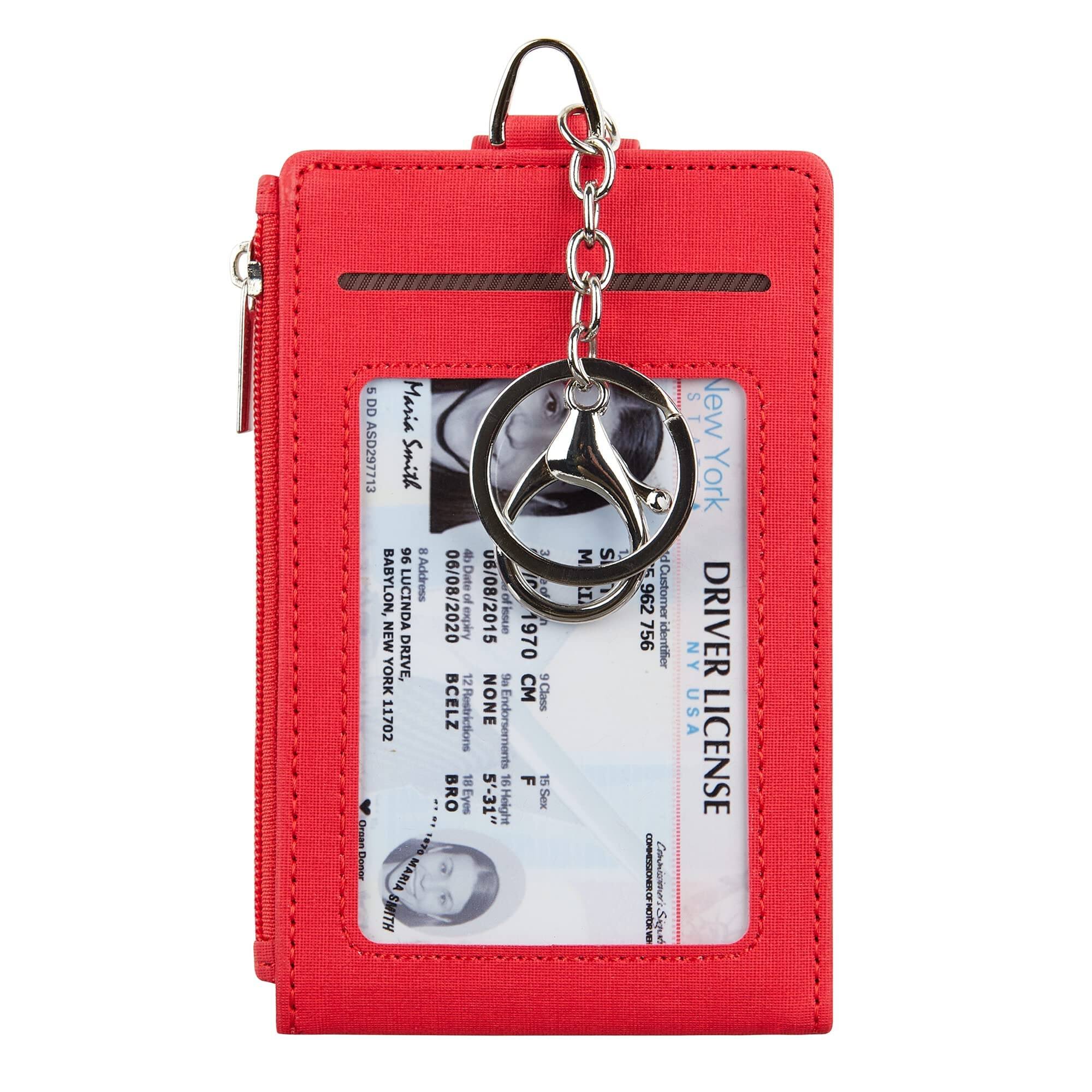 Jadie Link - Women Men Keychain Card Holder Case Zipper Slim Minimalist Front Pocket Wallet Window Black Pocket Size, Zipper Pocket - Red01-7 Cards