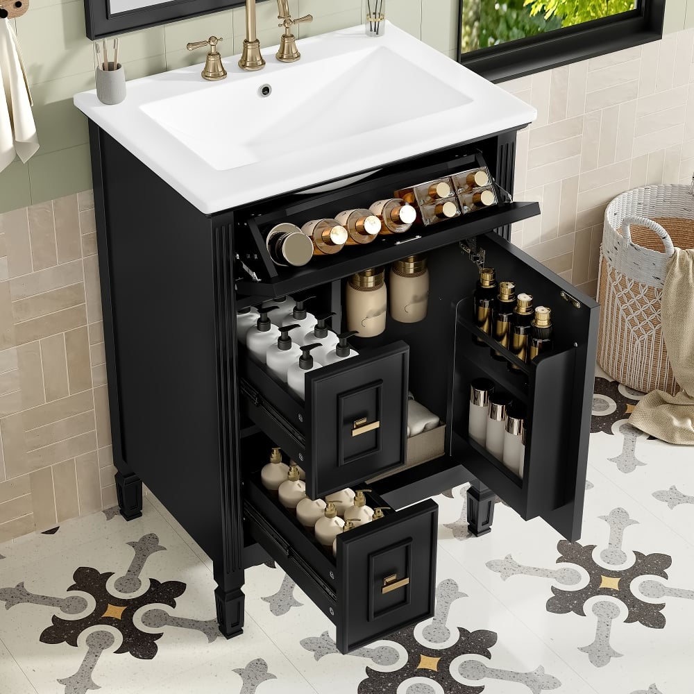 Loheer- 24 inch bathroom vanity with sink, Solid Wood Frame, Freestanding Cabinet with Flip Drawer- Black