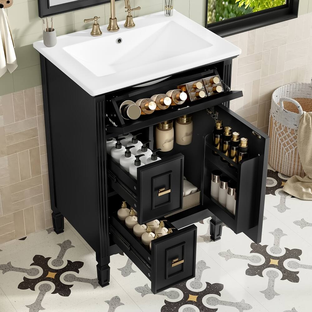 Front. Loheer - Loheer 24 inch bathroom vanity with sink, Solid Wood Frame, Black Freestanding Cabinet with Flip Drawer - Black.