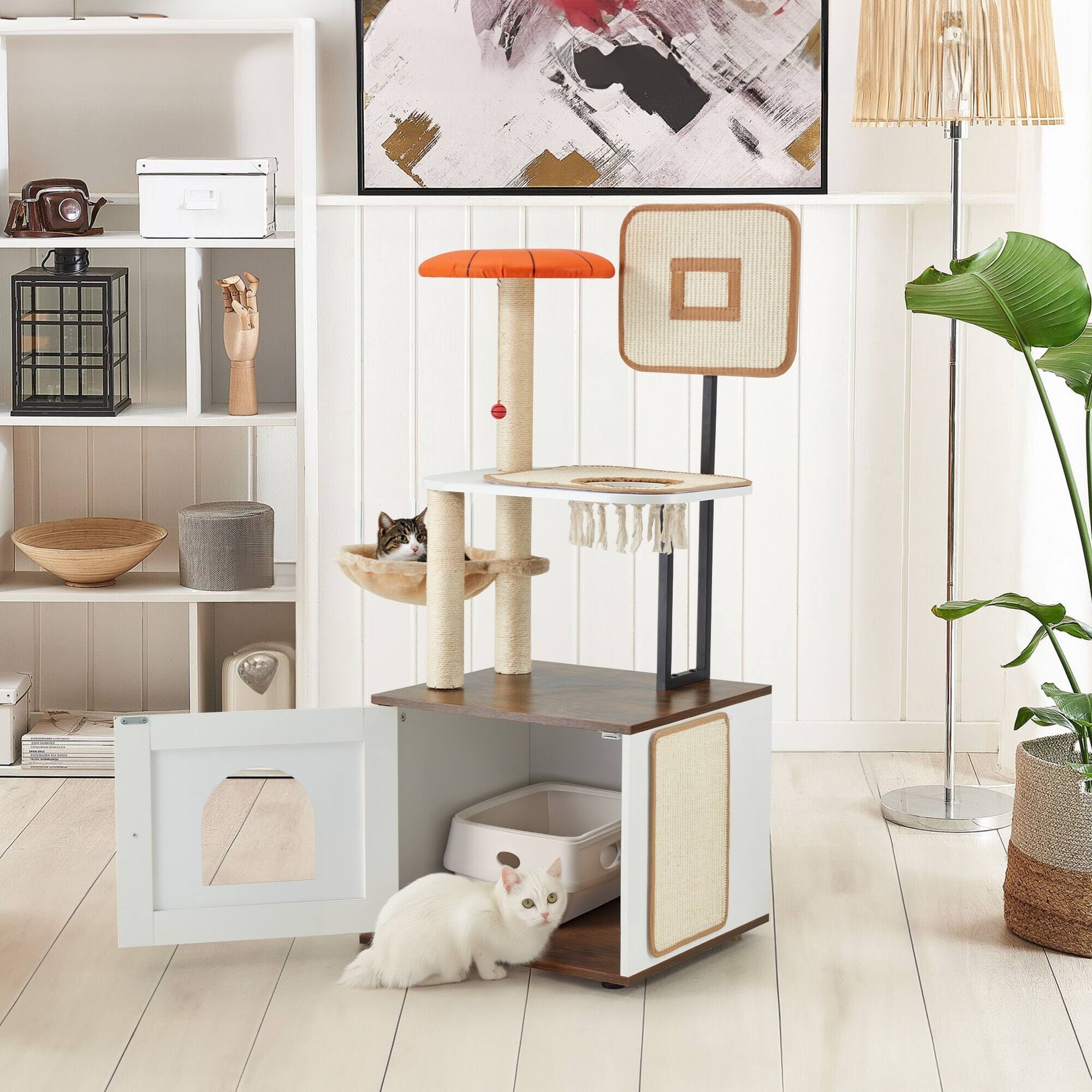 Angle. U-HOMY - 2-in-1 Cat Tree with Hidden Litter Box, Scratching Posts & Observation Platform for Indoor Cats - White.