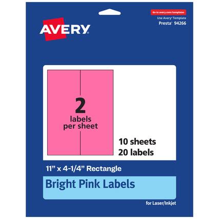 Go to avery.com/templates
AVERY
Use Avery™ Template Presta® 94266
2 labels per sheet
10 sheets
20 labels
11" x 4-1/4" Rectangle
Bright Pink Labels for Laser/Inkjet